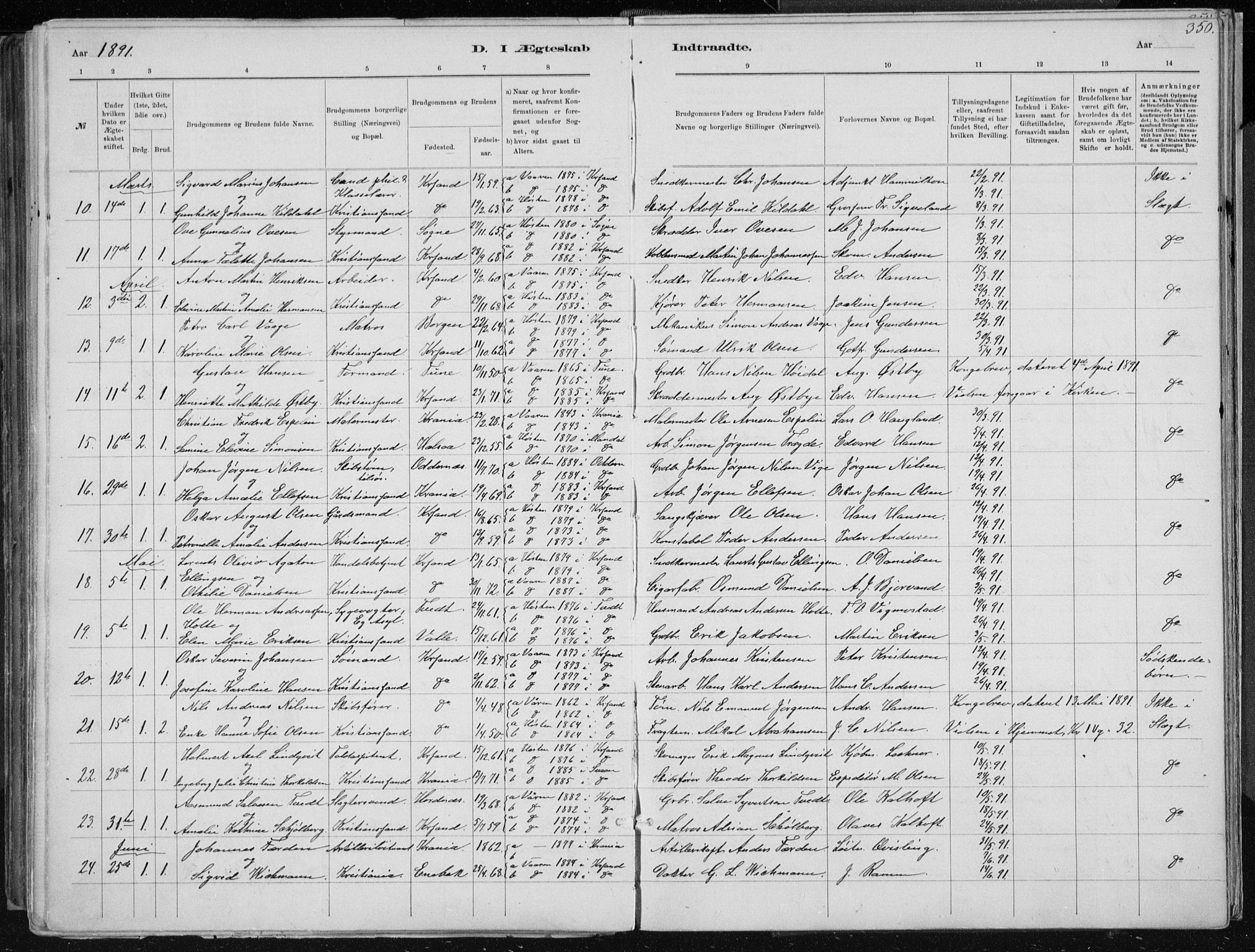 Kristiansand domprosti, SAK/1112-0006/F/Fb/L0014: Parish register (copy) no. B 14, 1881-1896, p. 350