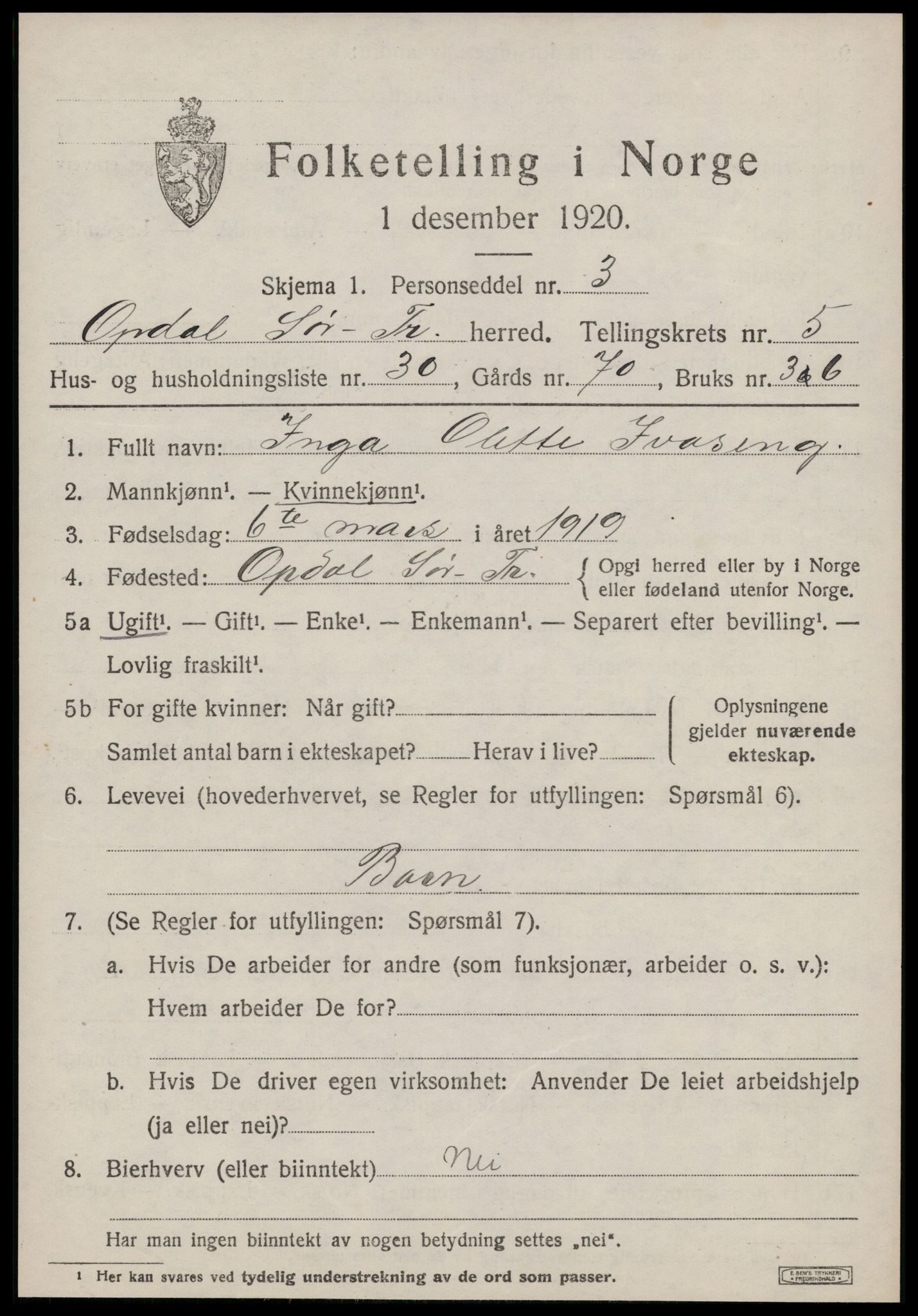 SAT, 1920 census for Oppdal, 1920, p. 5305