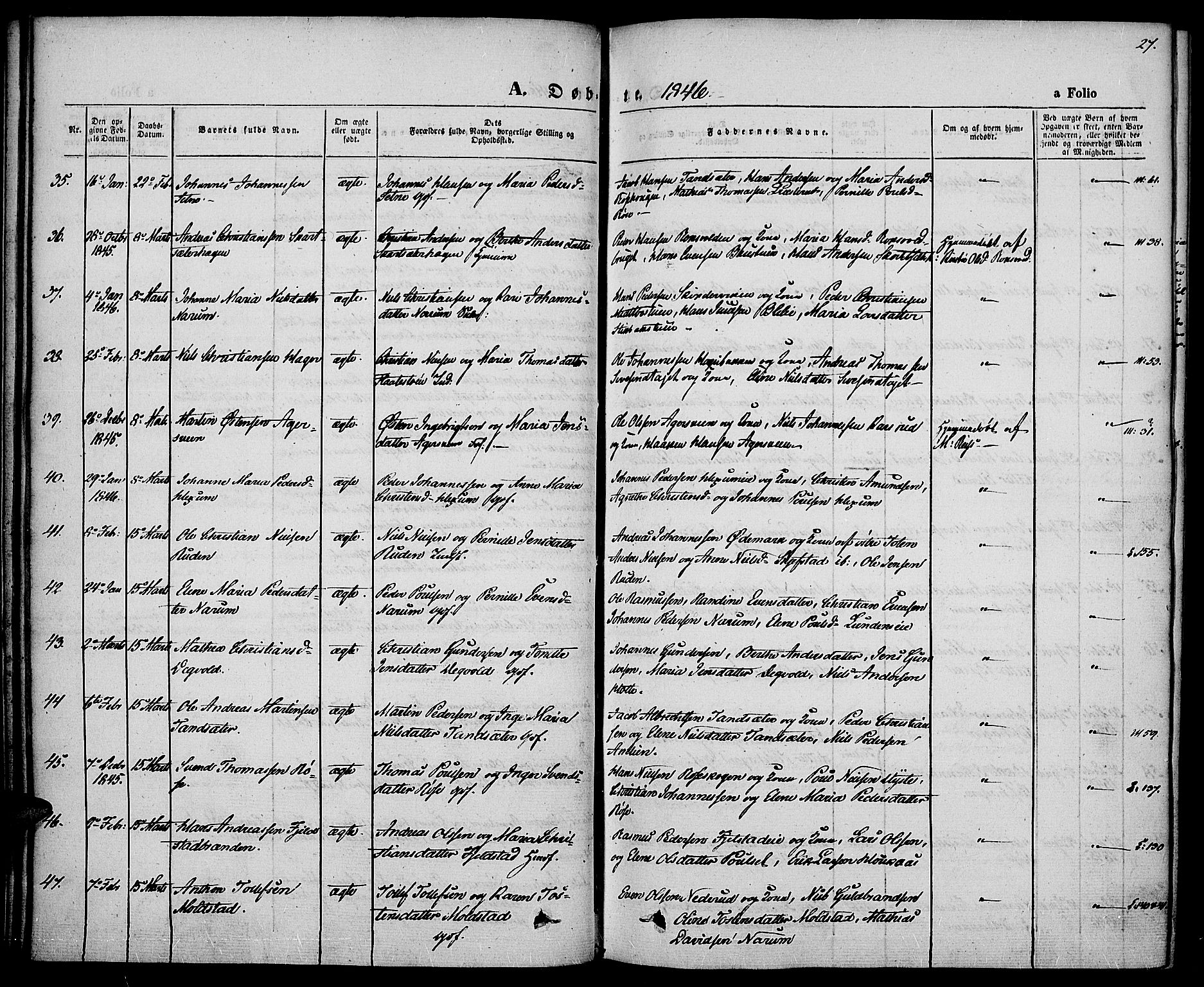 Vestre Toten prestekontor, SAH/PREST-108/H/Ha/Haa/L0004: Parish register (official) no. 4, 1844-1849, p. 27