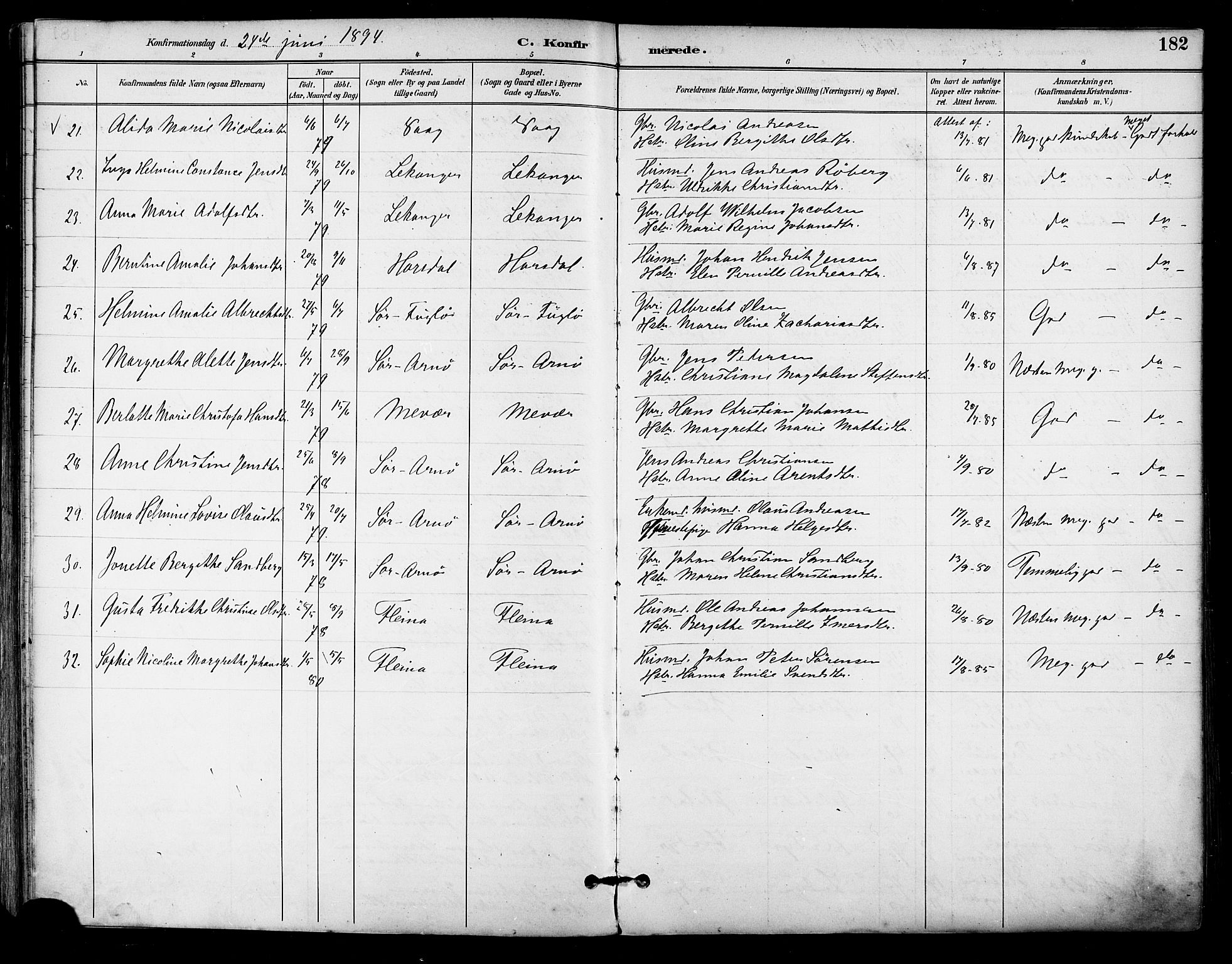 Ministerialprotokoller, klokkerbøker og fødselsregistre - Nordland, AV/SAT-A-1459/805/L0101: Parish register (official) no. 805A07, 1892-1899, p. 182