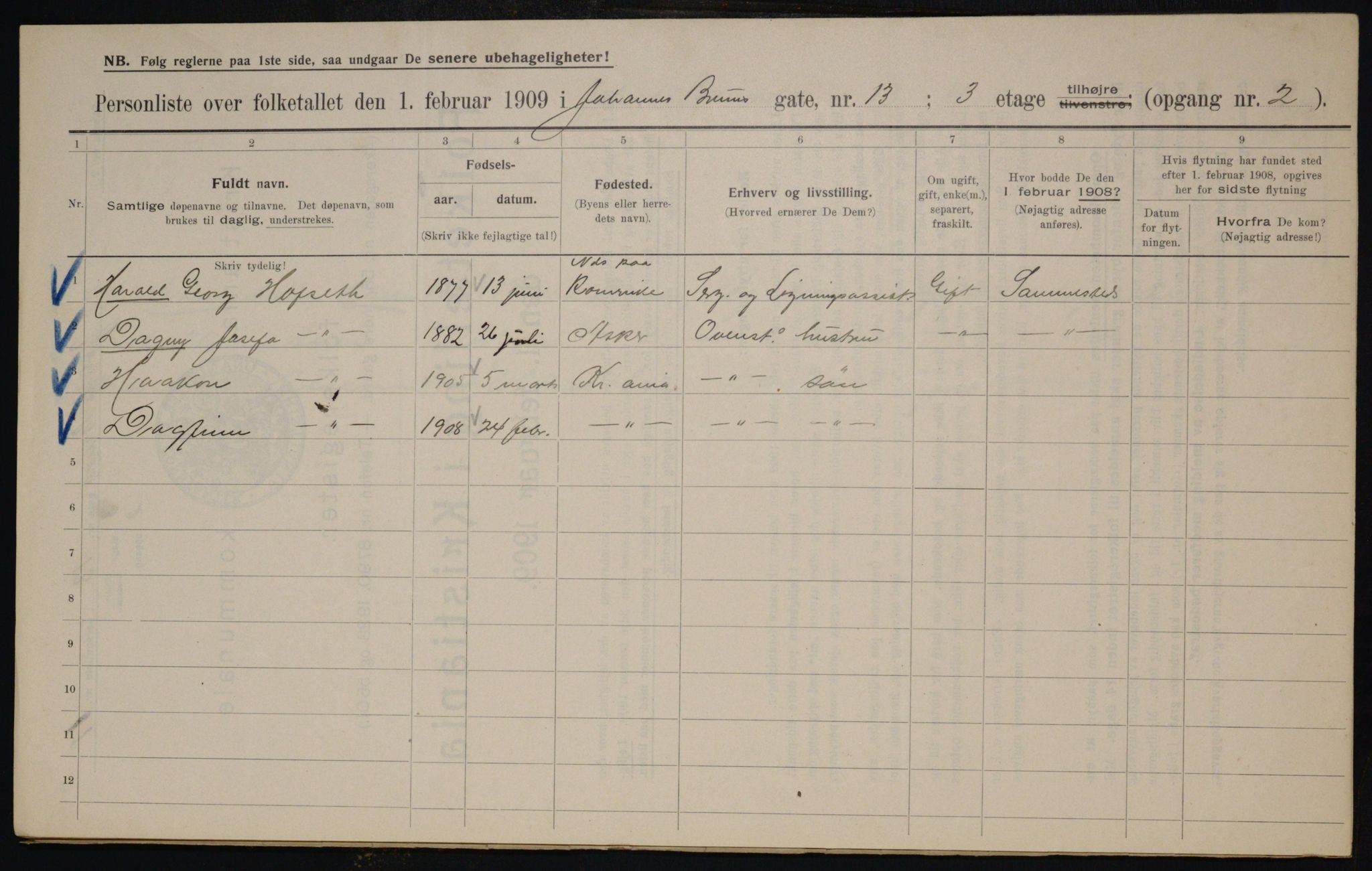 OBA, Municipal Census 1909 for Kristiania, 1909, p. 43043