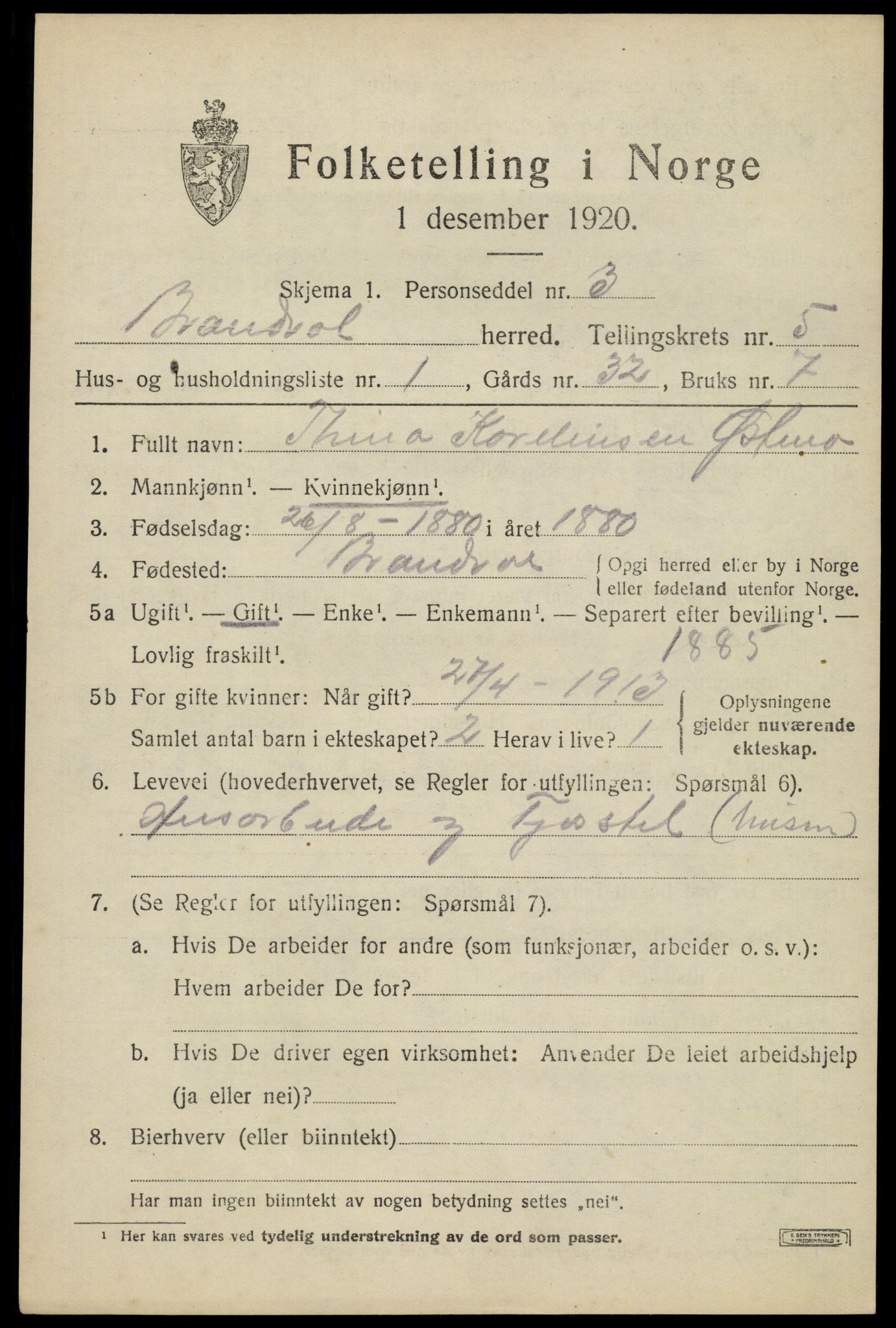 SAH, 1920 census for Brandval, 1920, p. 4376