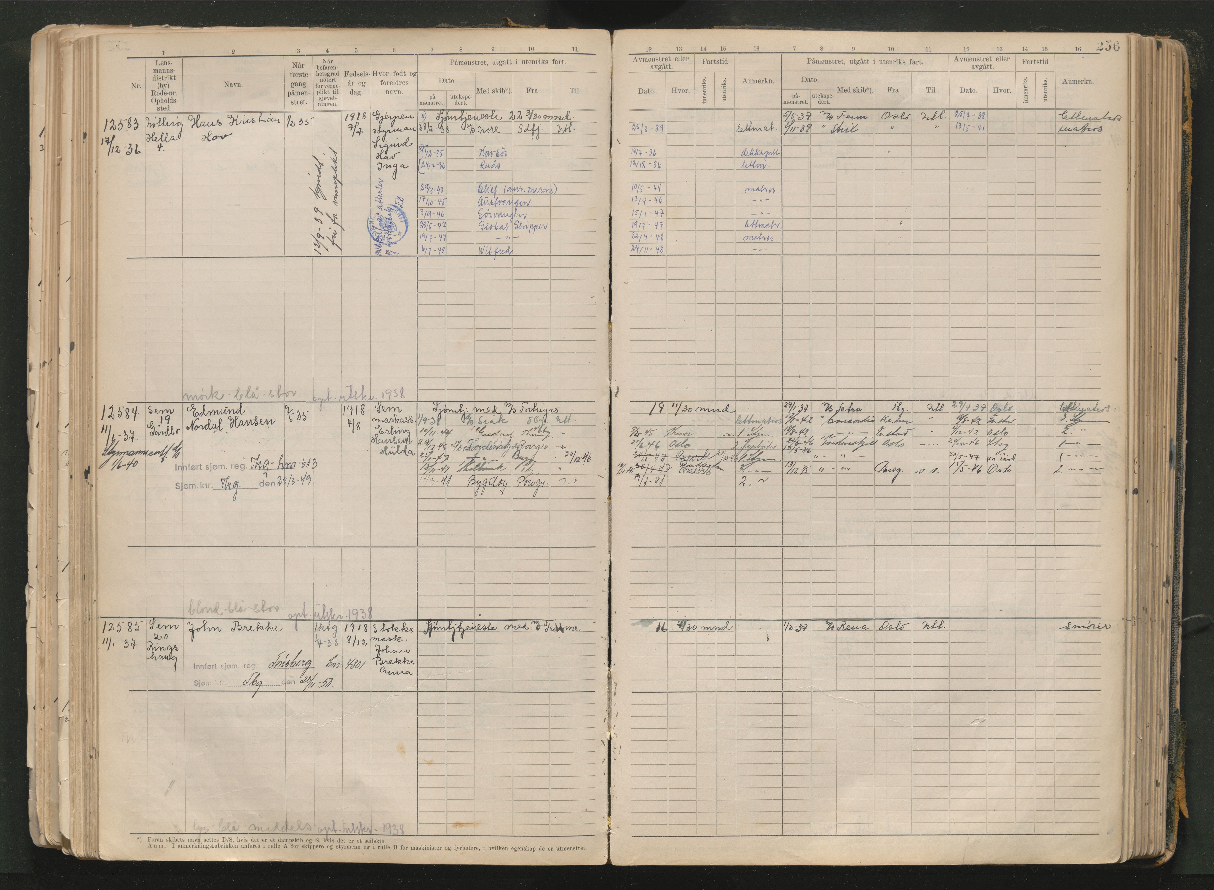 Tønsberg innrulleringskontor, AV/SAKO-A-786/F/Fc/Fca/L0013: Hovedrulle Patent nr. 11480-13109, 101-516, 1927-1948, p. 256
