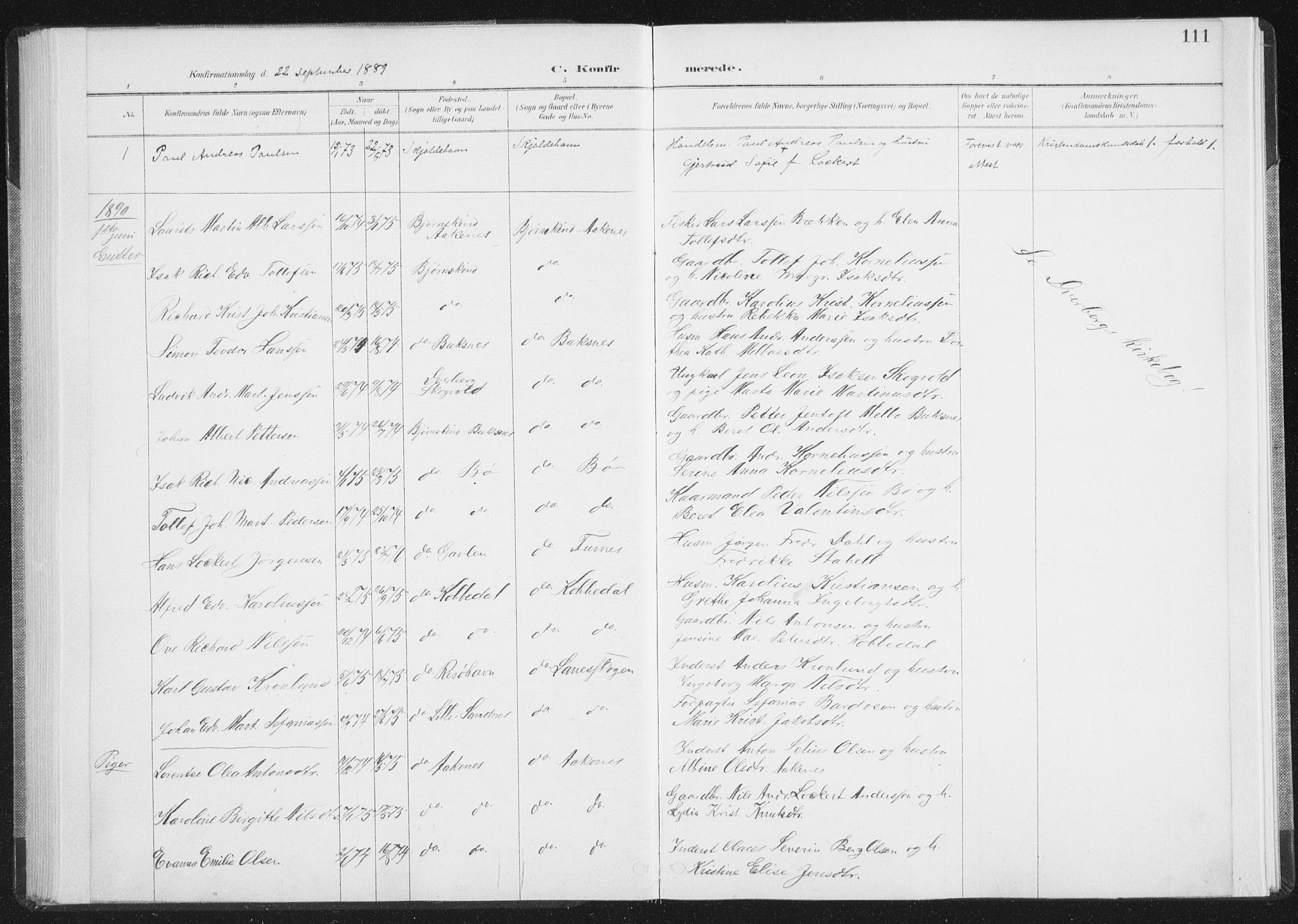 Ministerialprotokoller, klokkerbøker og fødselsregistre - Nordland, SAT/A-1459/898/L1422: Parish register (official) no. 898A02, 1887-1908, p. 111