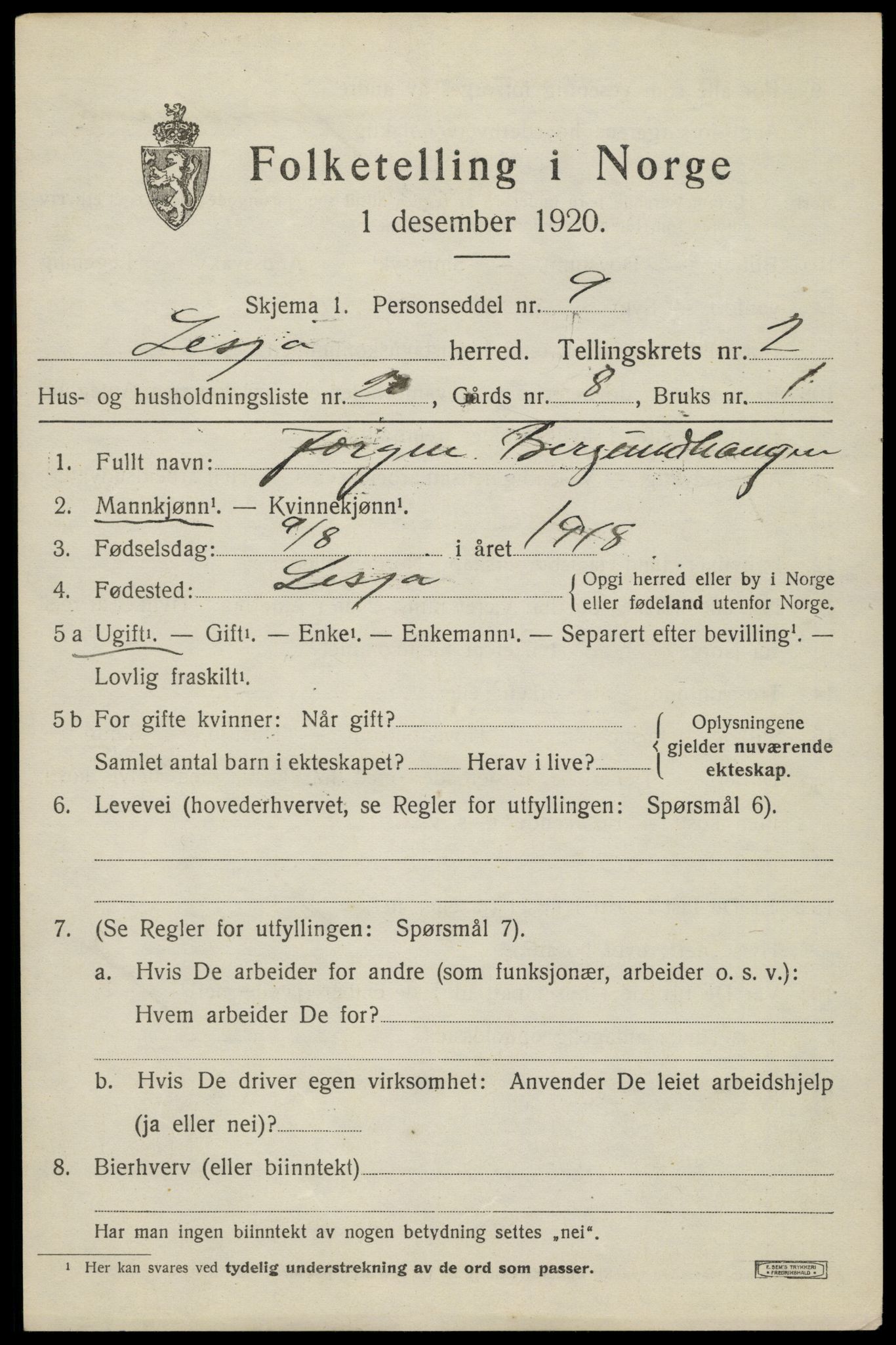 SAH, 1920 census for Lesja, 1920, p. 1992