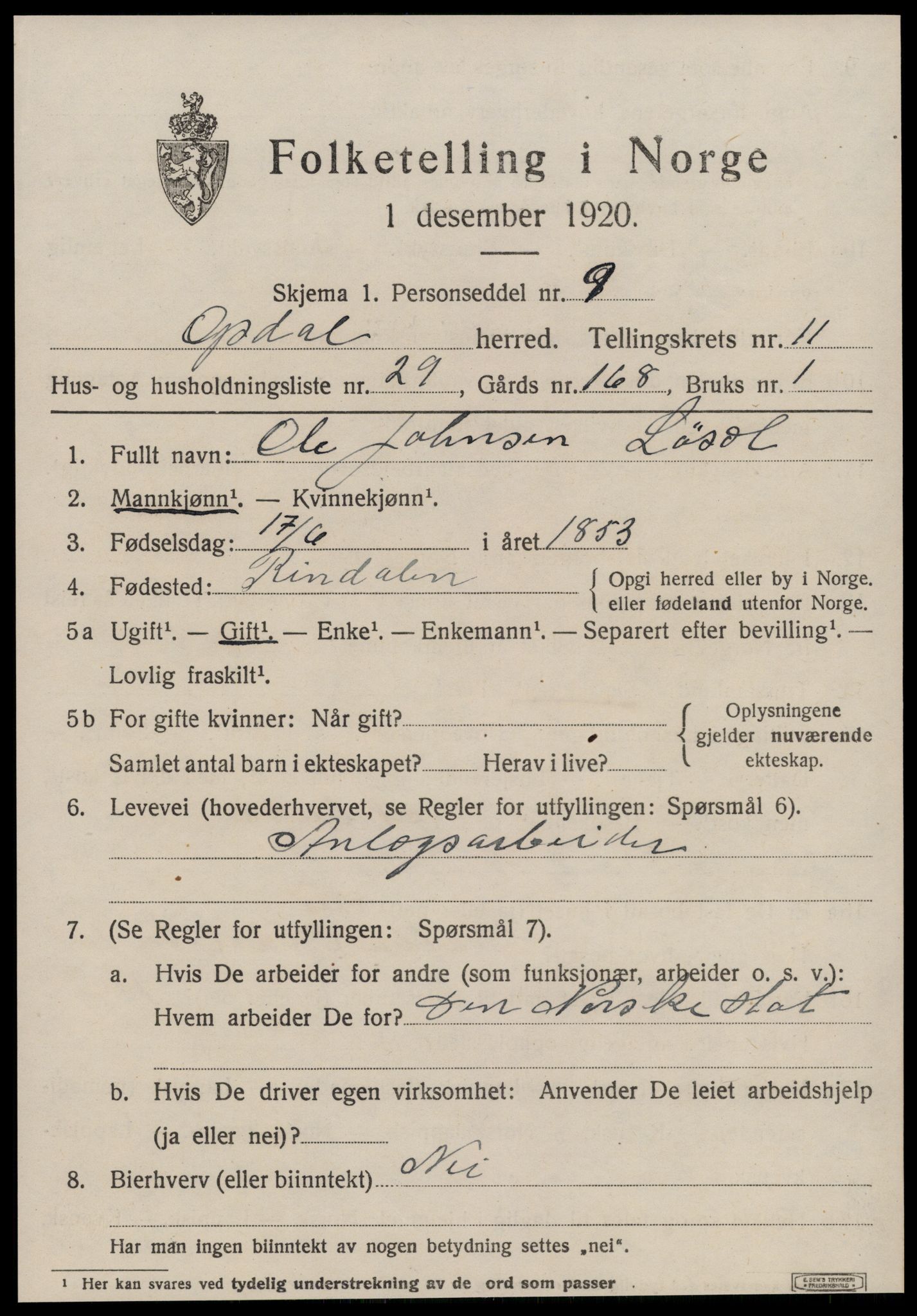 SAT, 1920 census for Oppdal, 1920, p. 9571