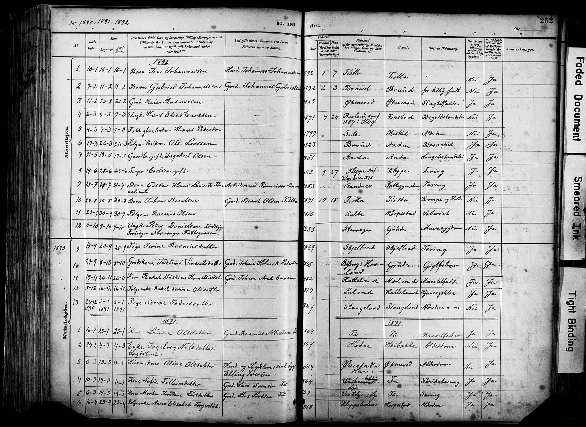 Klepp sokneprestkontor, AV/SAST-A-101803/001/3/30BA/L0009: Parish register (official) no. A 7, 1886-1915, p. 252