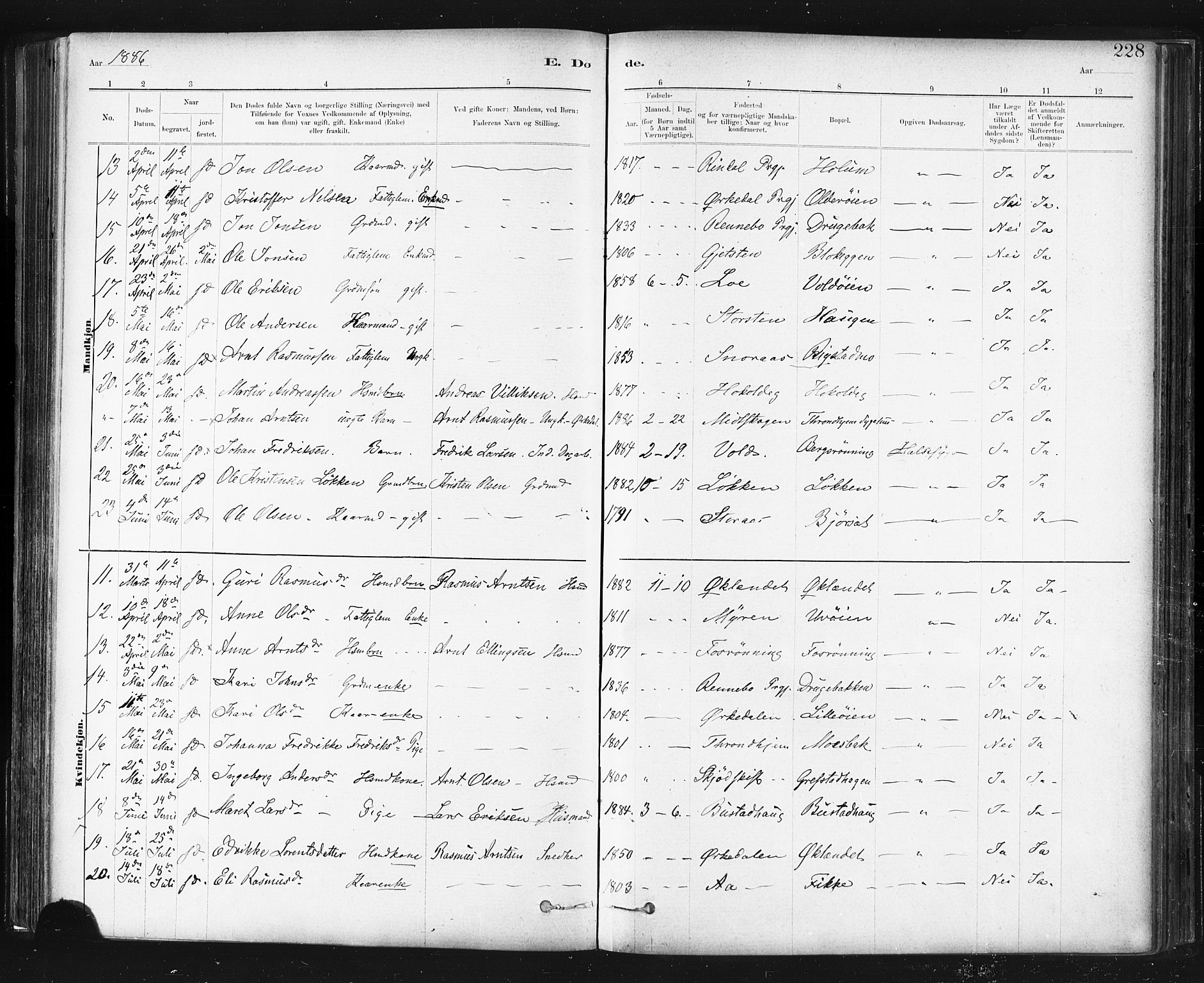 Ministerialprotokoller, klokkerbøker og fødselsregistre - Sør-Trøndelag, SAT/A-1456/672/L0857: Parish register (official) no. 672A09, 1882-1893, p. 228