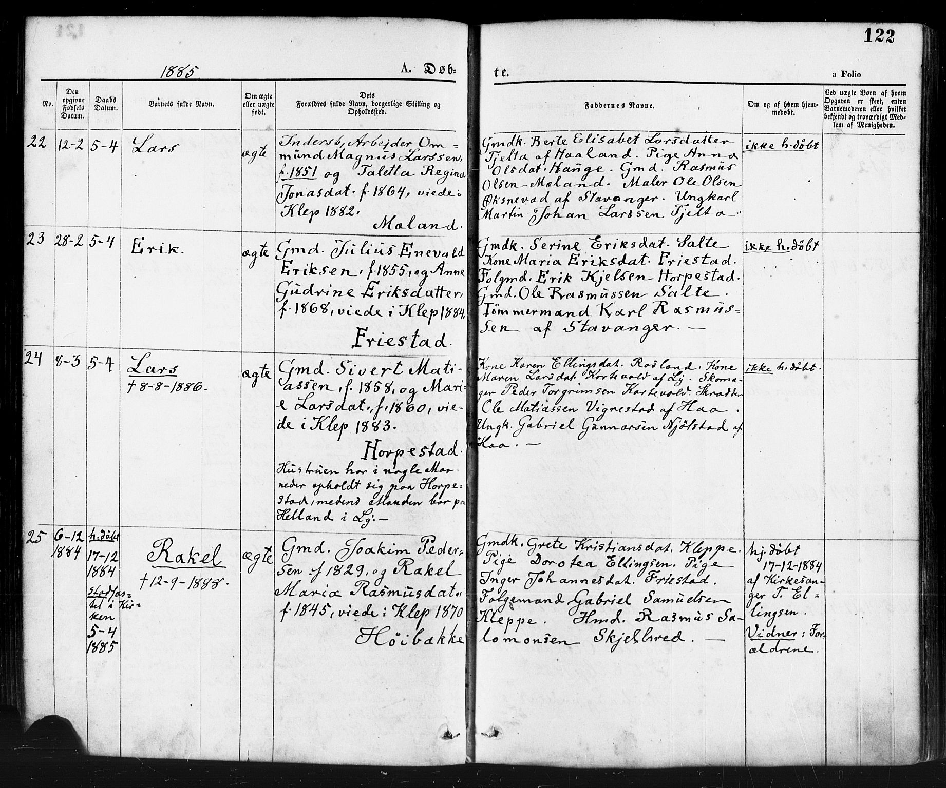 Klepp sokneprestkontor, SAST/A-101803/001/3/30BA/L0006: Parish register (official) no. A 6, 1871-1885, p. 122