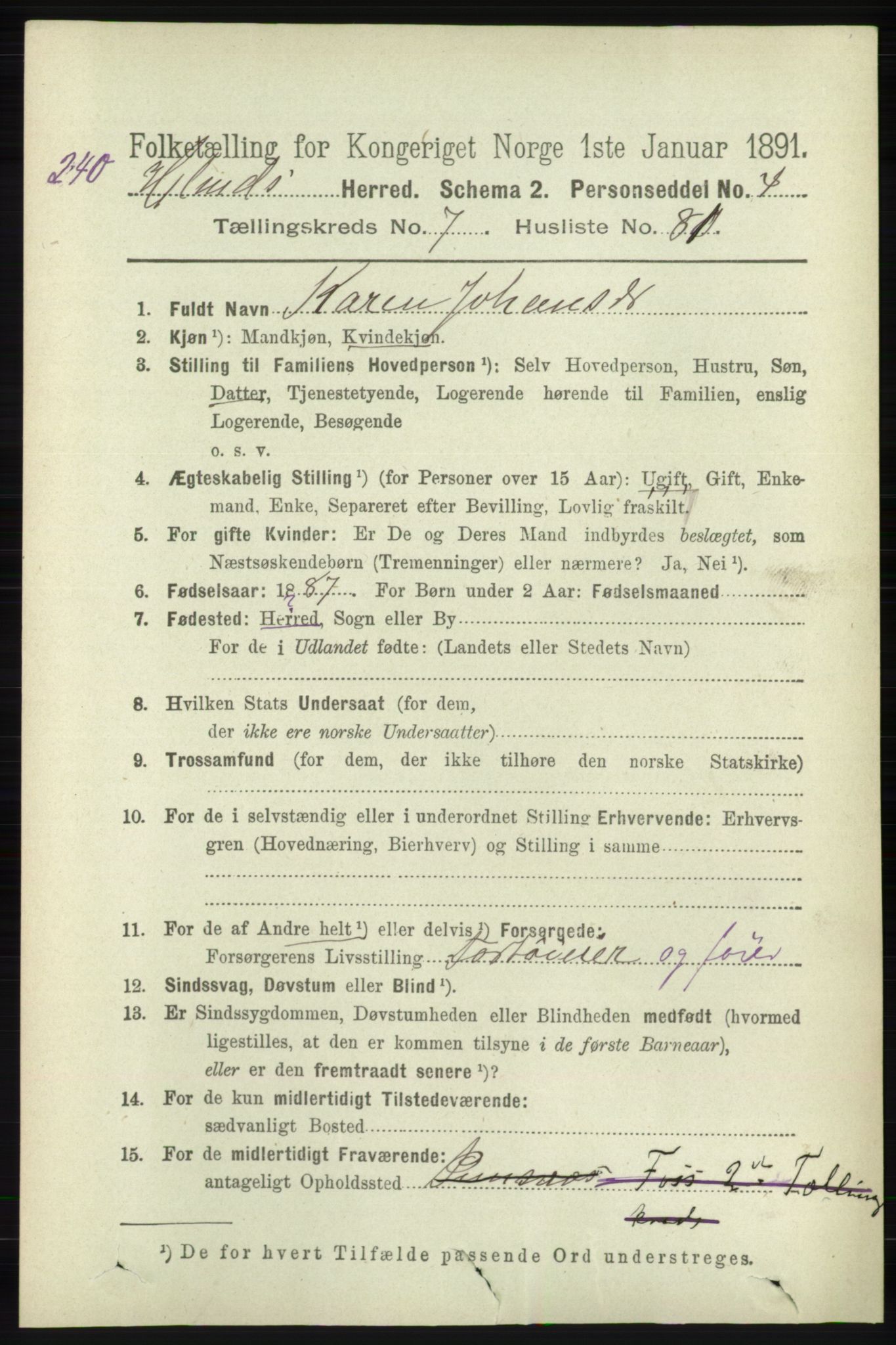 RA, 1891 census for 1133 Hjelmeland, 1891, p. 2401