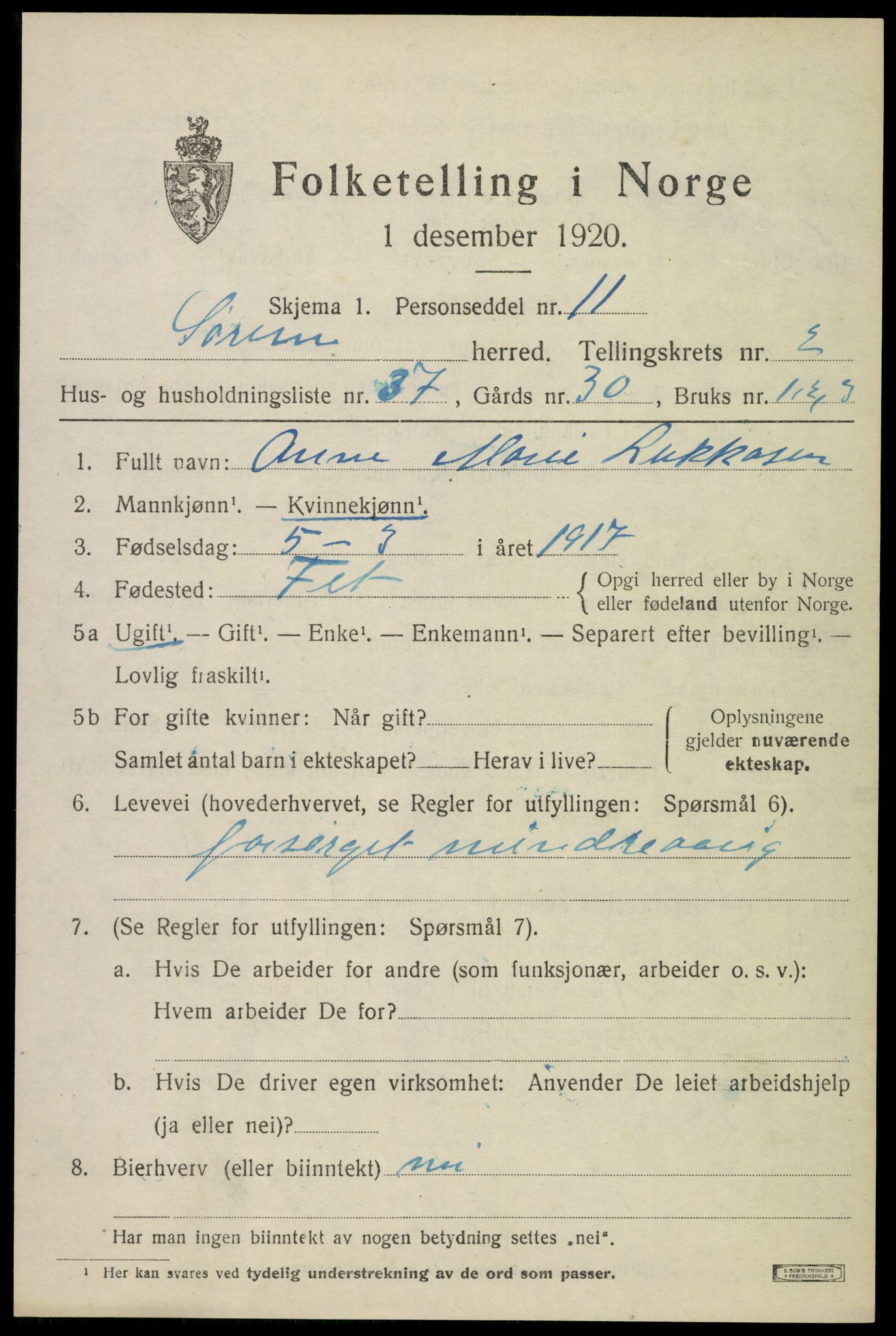 SAO, 1920 census for Sørum, 1920, p. 2189