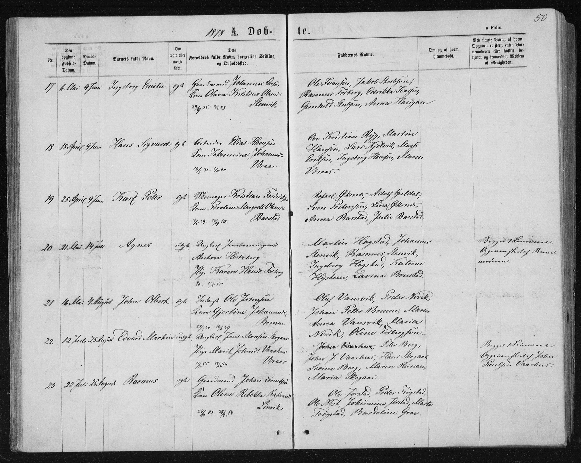 Ministerialprotokoller, klokkerbøker og fødselsregistre - Nord-Trøndelag, AV/SAT-A-1458/722/L0219: Parish register (official) no. 722A06, 1868-1880, p. 50