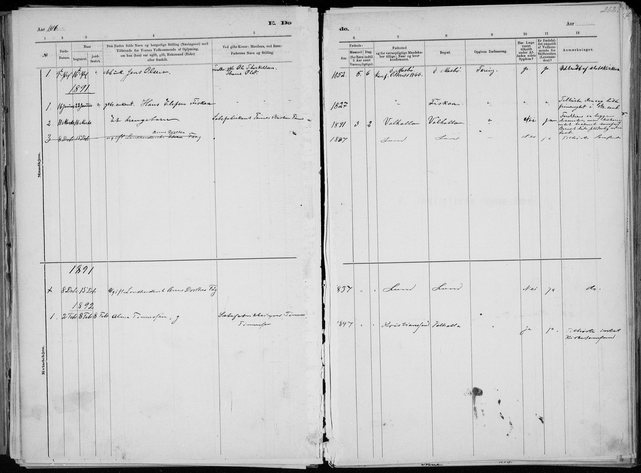 Oddernes sokneprestkontor, SAK/1111-0033/F/Fa/Faa/L0009: Parish register (official) no. A 9, 1884-1896, p. 262
