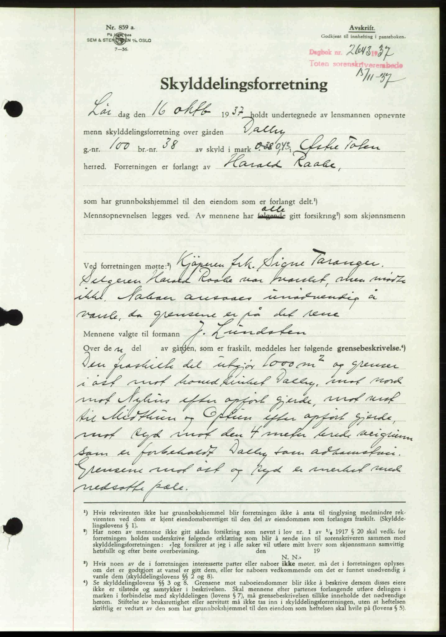 Toten tingrett, SAH/TING-006/H/Hb/Hbc/L0003: Mortgage book no. Hbc-03, 1937-1938, Diary no: : 2643/1937