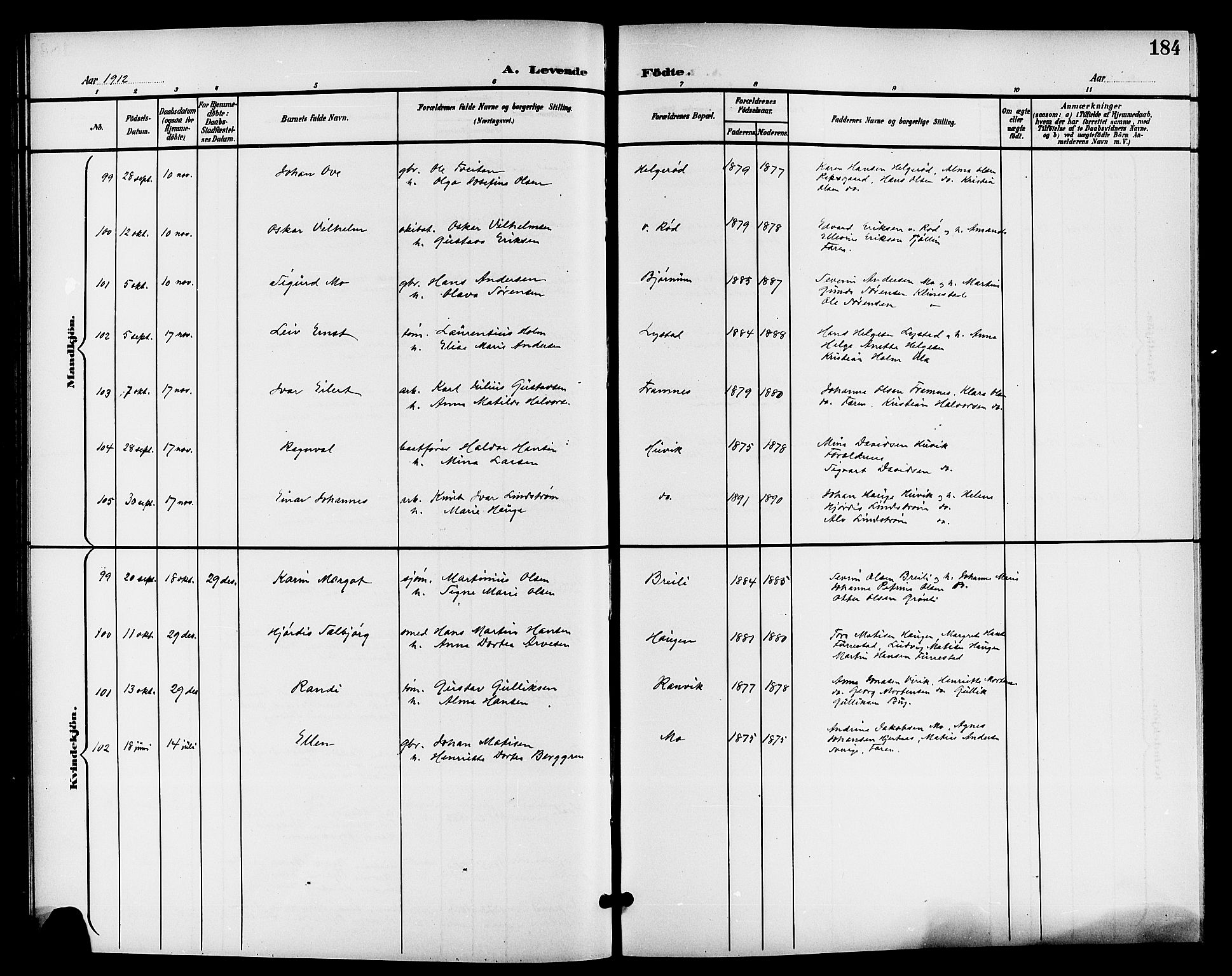 Sandar kirkebøker, AV/SAKO-A-243/G/Ga/L0002: Parish register (copy) no. 2, 1900-1915, p. 184