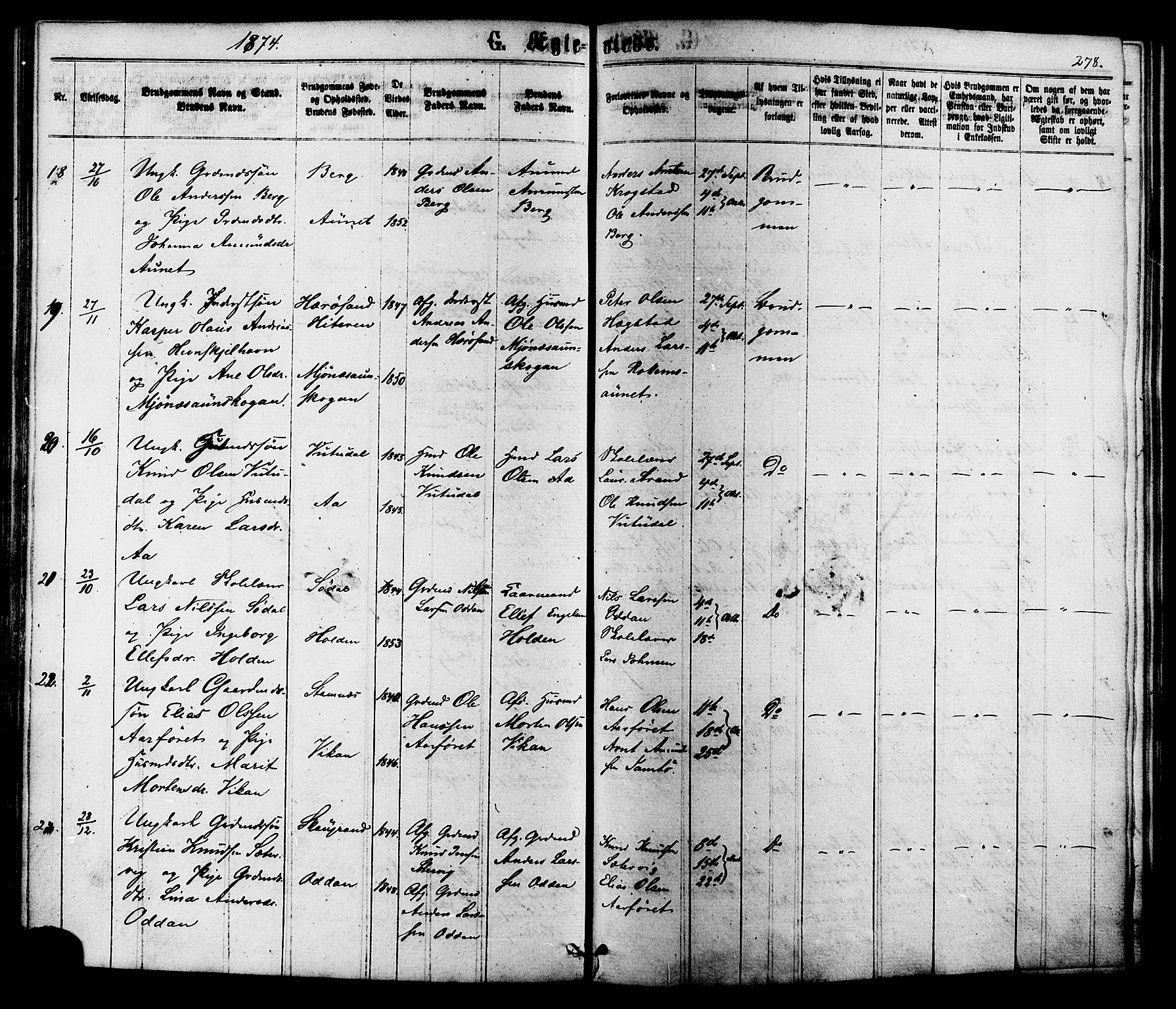 Ministerialprotokoller, klokkerbøker og fødselsregistre - Sør-Trøndelag, SAT/A-1456/630/L0495: Parish register (official) no. 630A08, 1868-1878, p. 278