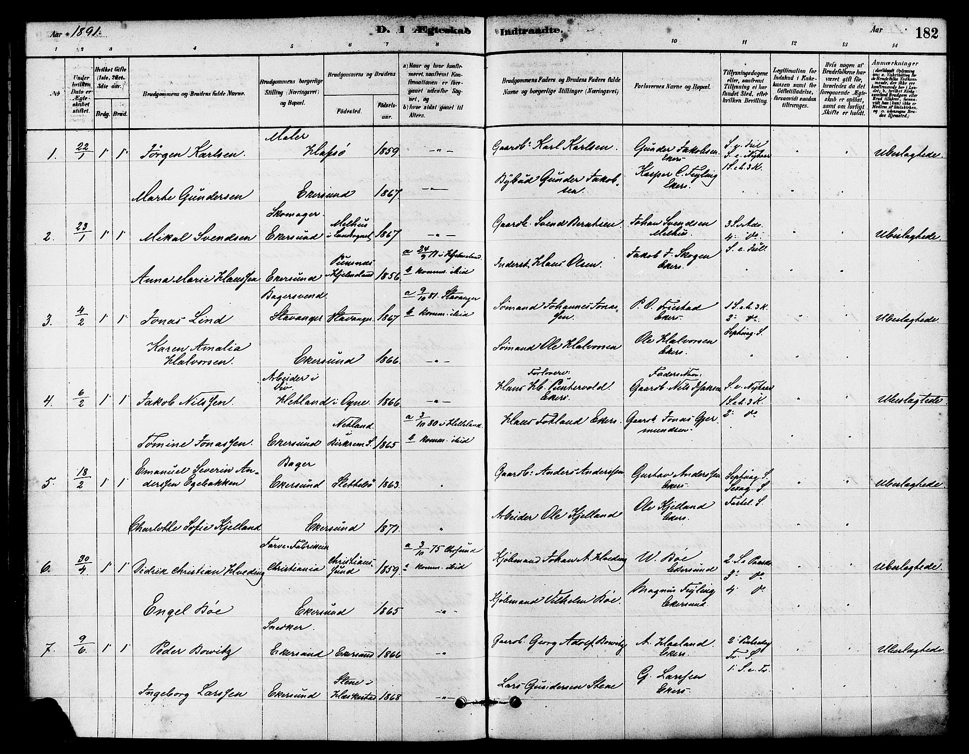 Eigersund sokneprestkontor, SAST/A-101807/S08/L0015: Parish register (official) no. A 15, 1879-1892, p. 182