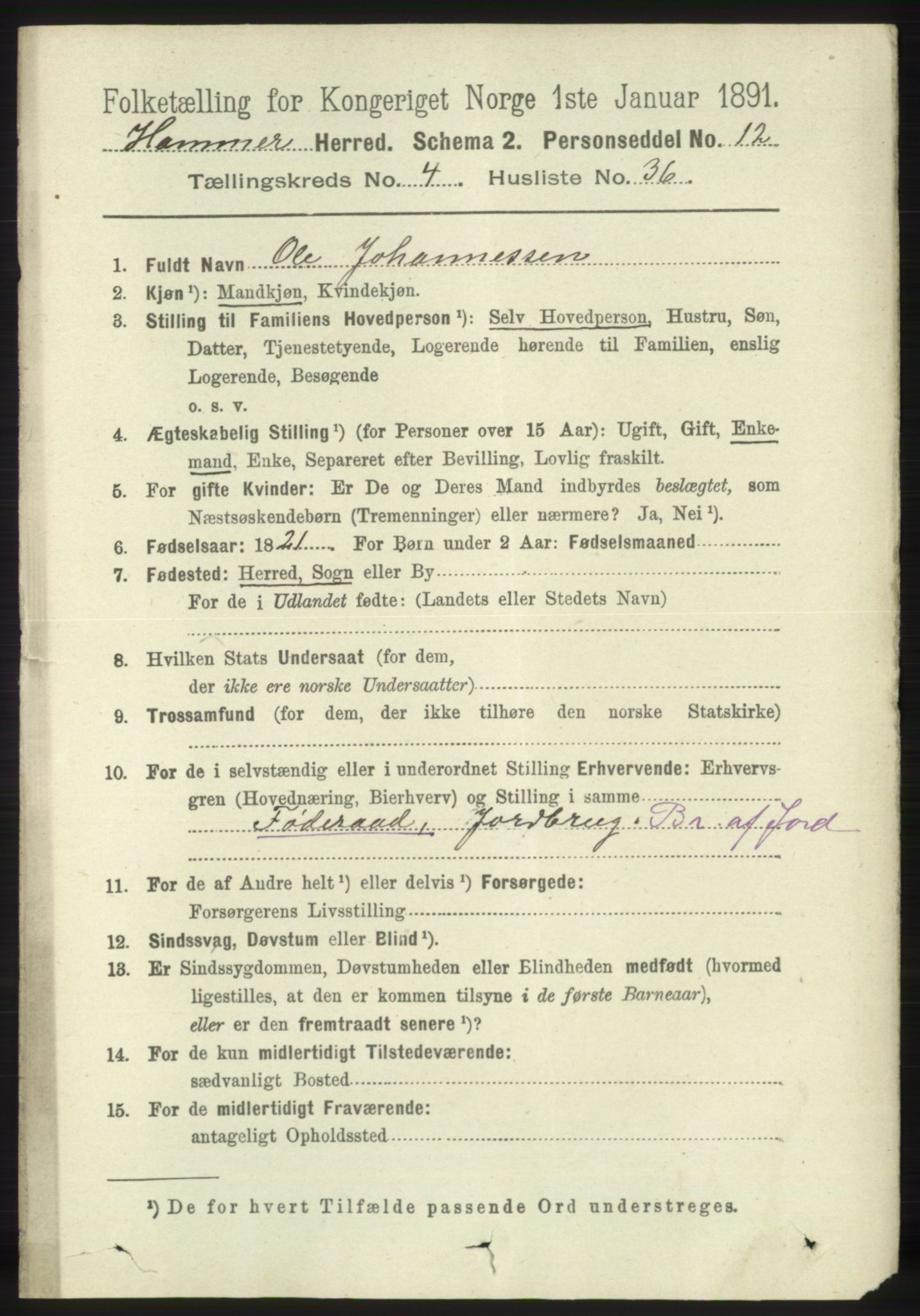 RA, 1891 census for 1254 Hamre, 1891, p. 1167