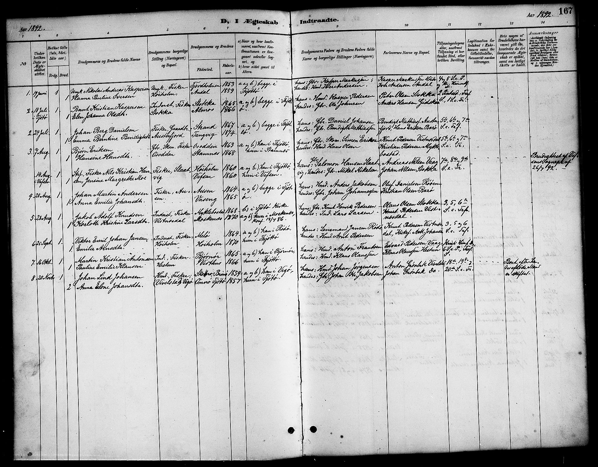 Ministerialprotokoller, klokkerbøker og fødselsregistre - Nordland, SAT/A-1459/819/L0277: Parish register (copy) no. 819C03, 1888-1917, p. 167