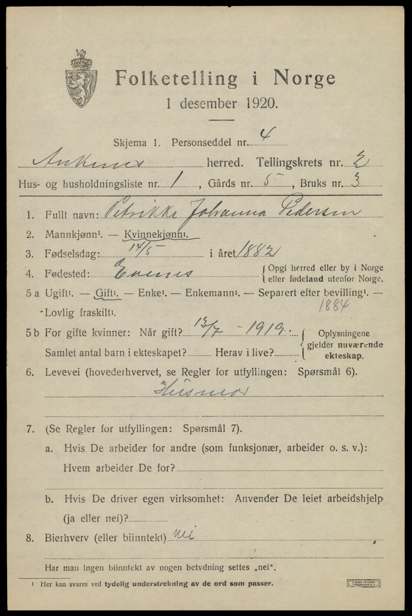 SAT, 1920 census for Ankenes, 1920, p. 1411