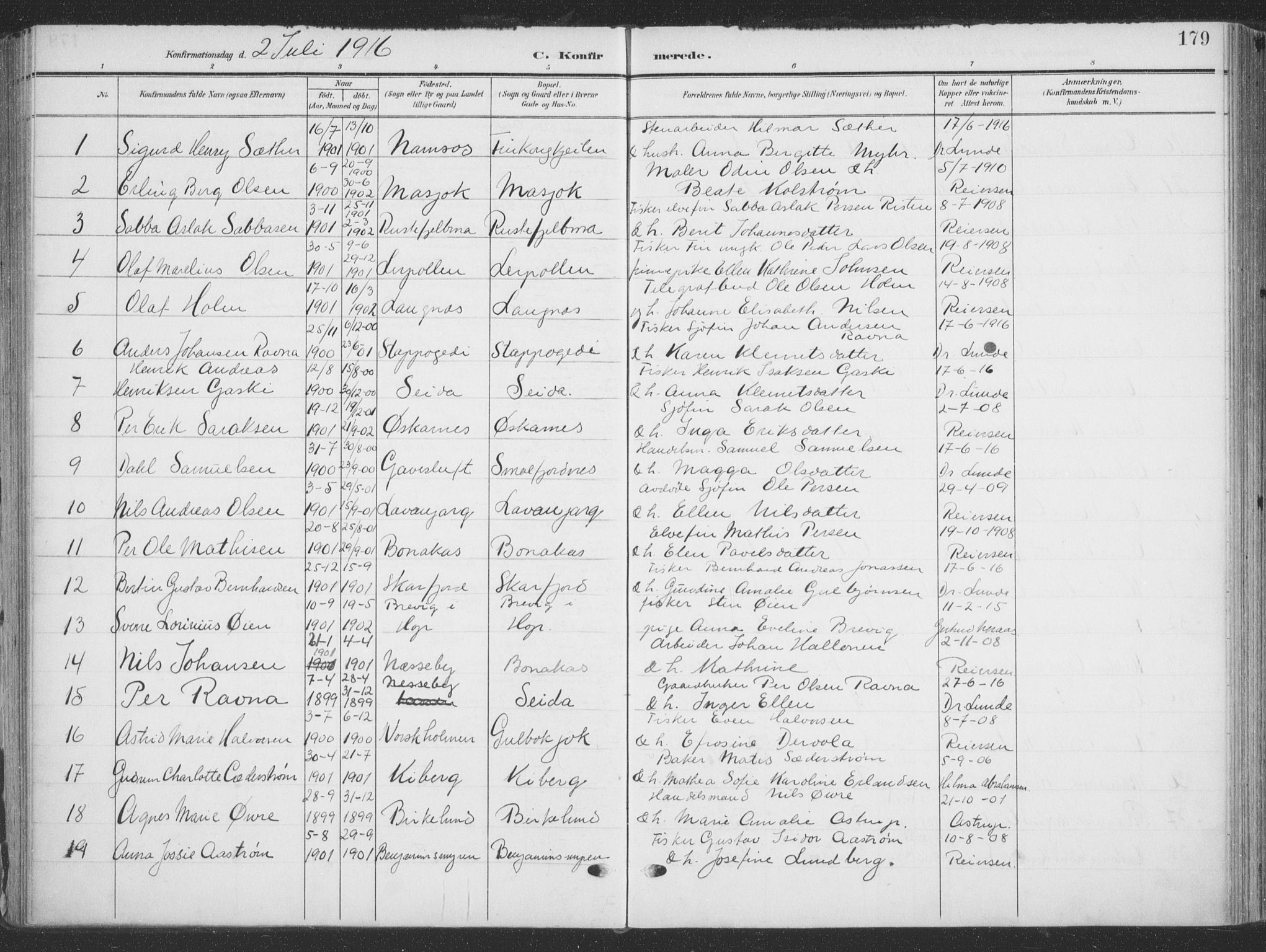 Tana sokneprestkontor, SATØ/S-1334/H/Ha/L0007kirke: Parish register (official) no. 7, 1904-1918, p. 179