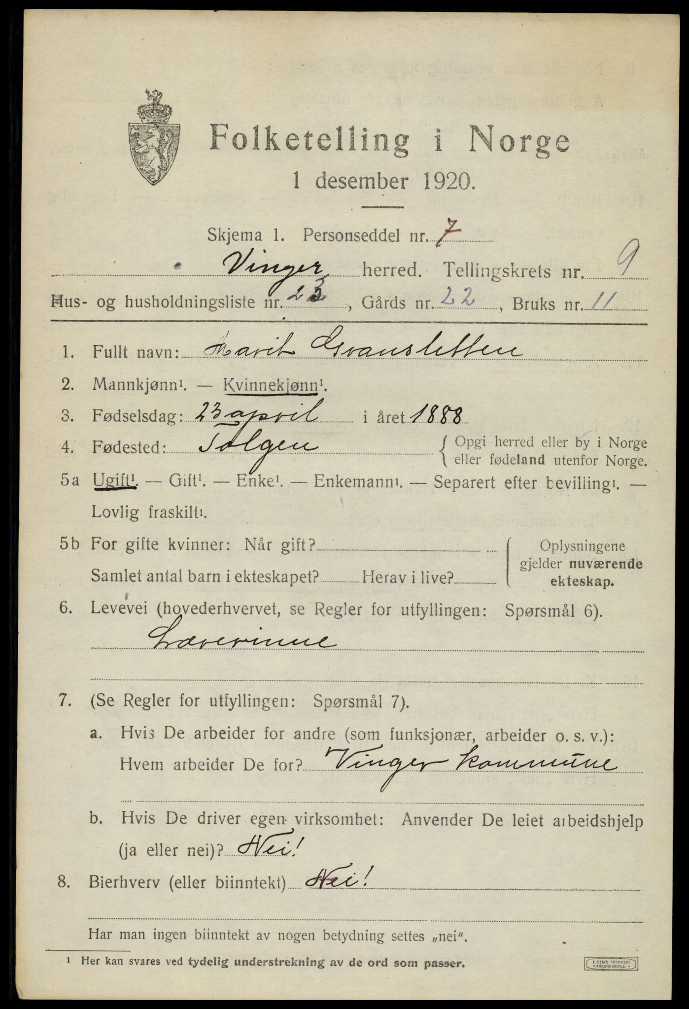 SAH, 1920 census for Vinger, 1920, p. 8368