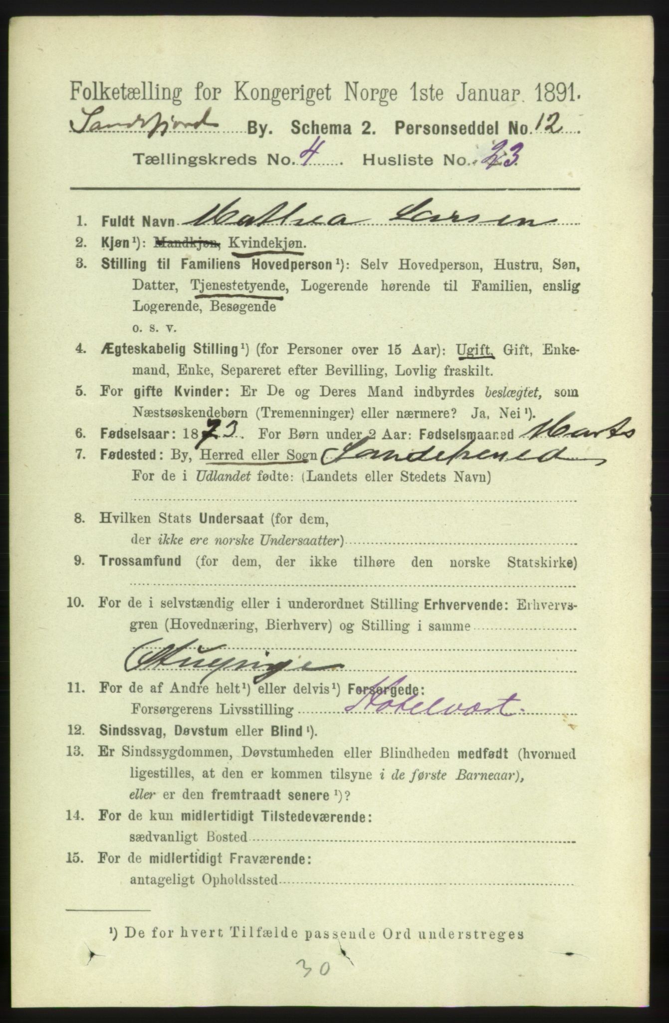 RA, 1891 census for 0706 Sandefjord, 1891, p. 1345