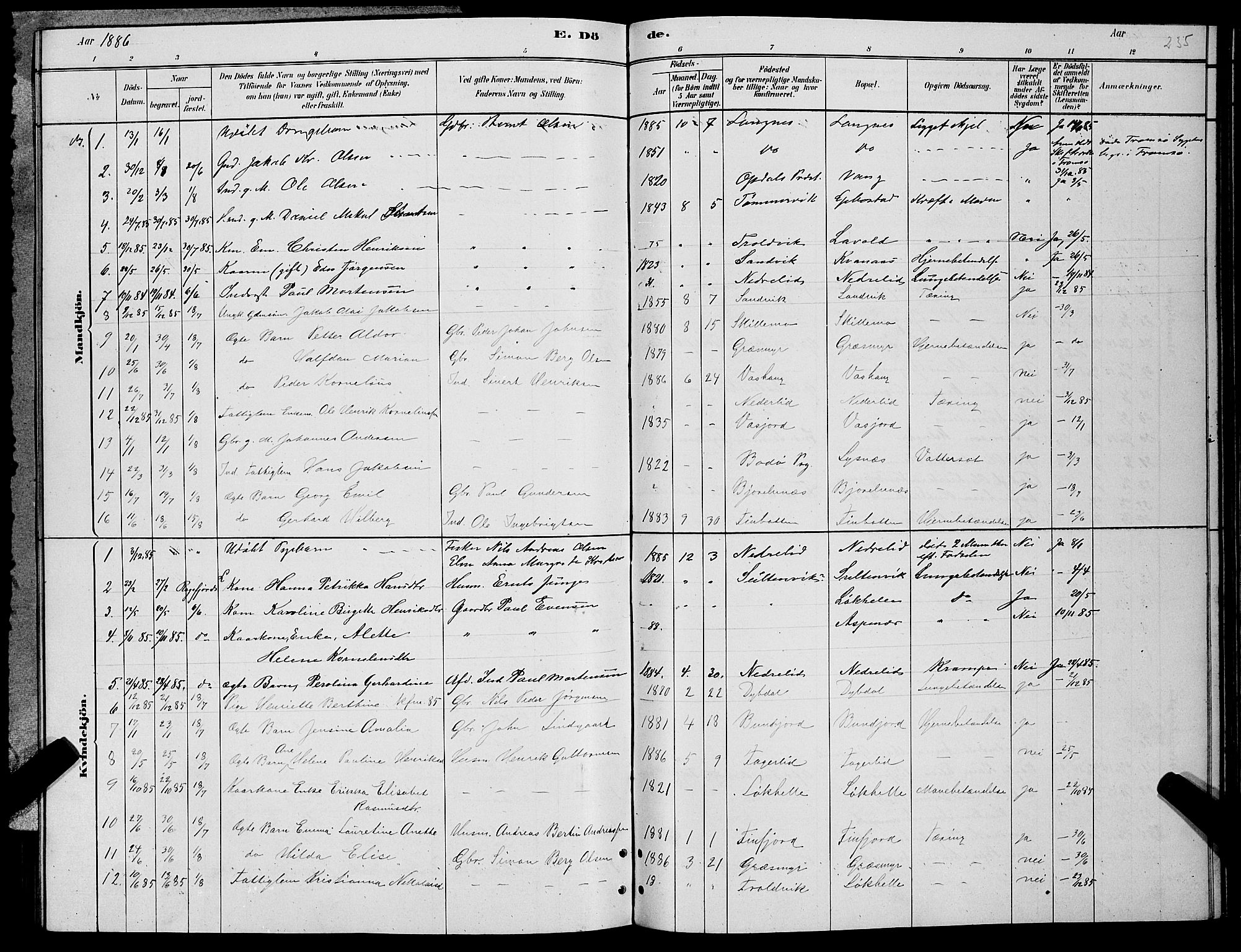 Lenvik sokneprestembete, SATØ/S-1310/H/Ha/Hab/L0006klokker: Parish register (copy) no. 6, 1881-1889, p. 235