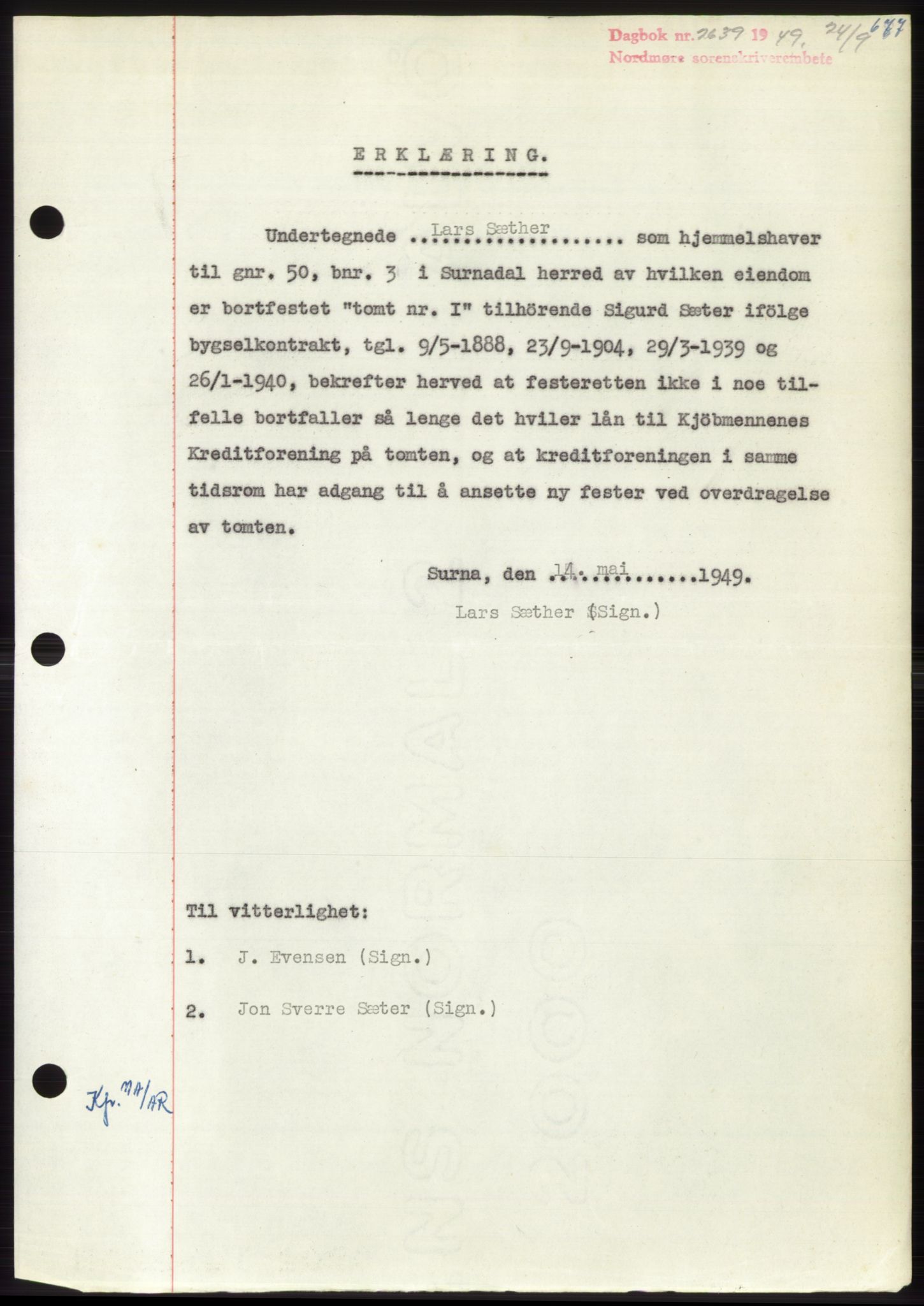 Nordmøre sorenskriveri, AV/SAT-A-4132/1/2/2Ca: Mortgage book no. B102, 1949-1949, Diary no: : 2639/1949