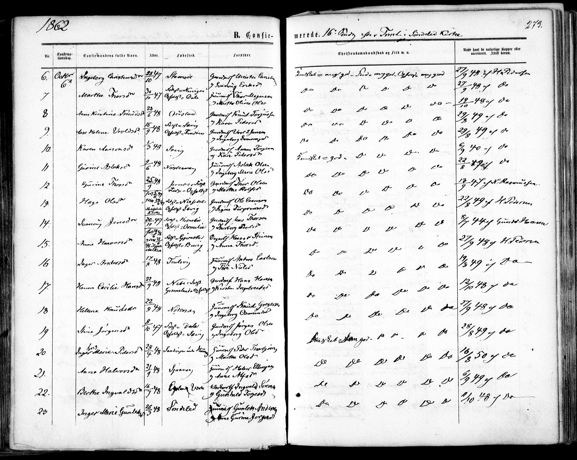 Søndeled sokneprestkontor, AV/SAK-1111-0038/F/Fa/L0003: Parish register (official) no. A 3, 1861-1879, p. 273