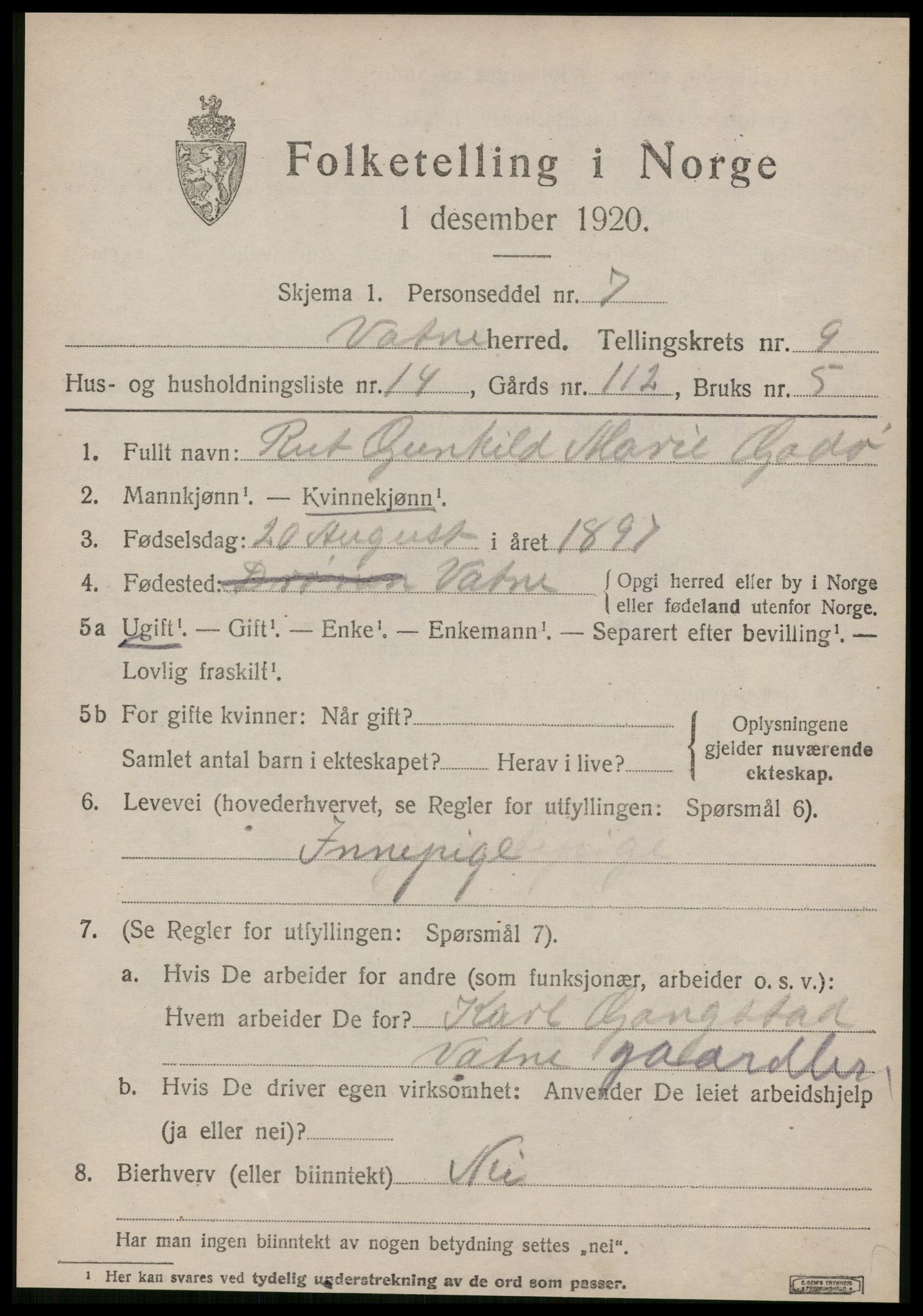 SAT, 1920 census for Vatne, 1920, p. 3872