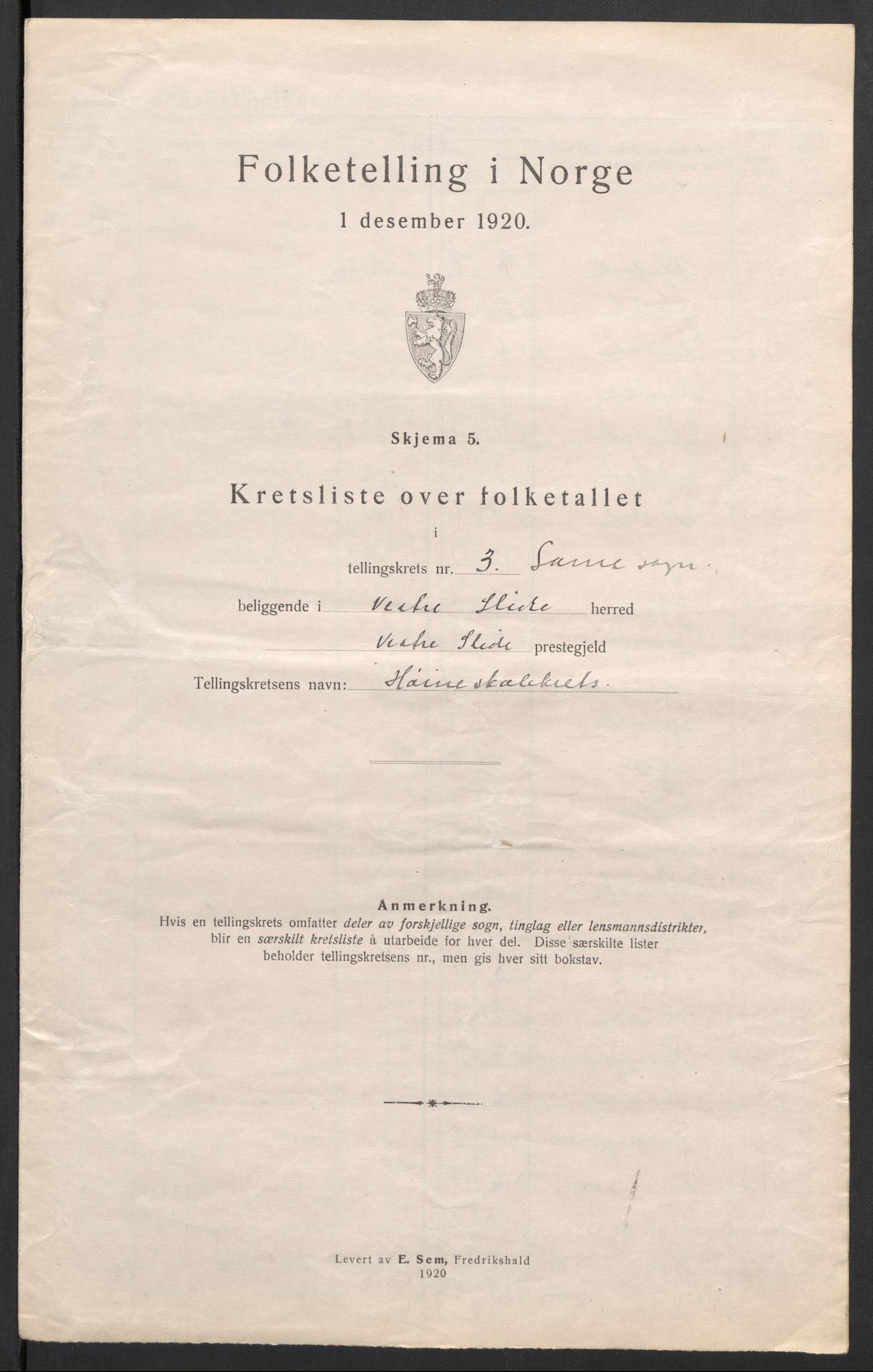 SAH, 1920 census for Vestre Slidre, 1920, p. 12