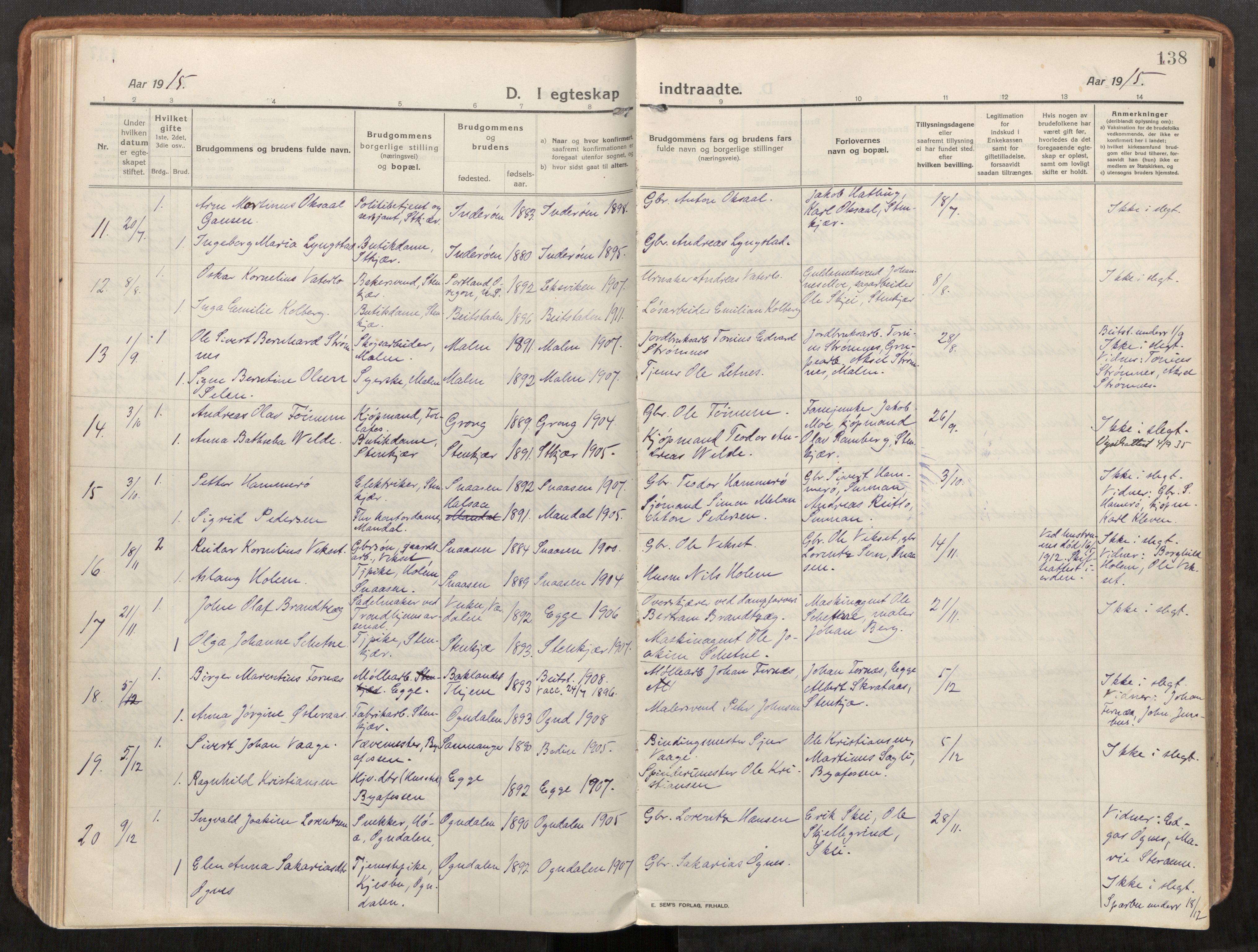 Steinkjer sokneprestkontor, SAT/A-1541/01/H/Ha/Haa/L0003: Parish register (official) no. 3, 1913-1922, p. 138