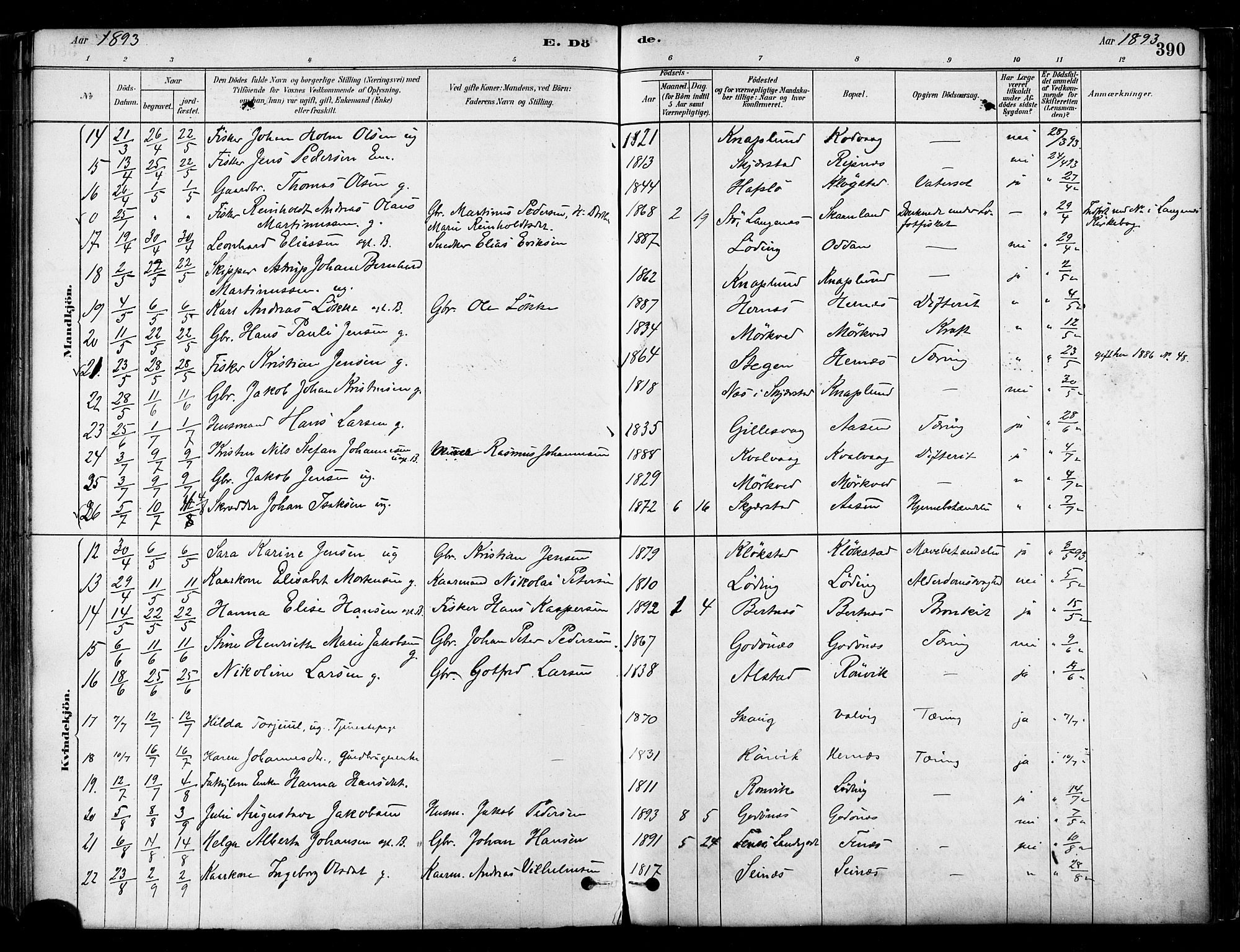 Ministerialprotokoller, klokkerbøker og fødselsregistre - Nordland, SAT/A-1459/802/L0054: Parish register (official) no. 802A01, 1879-1893, p. 390
