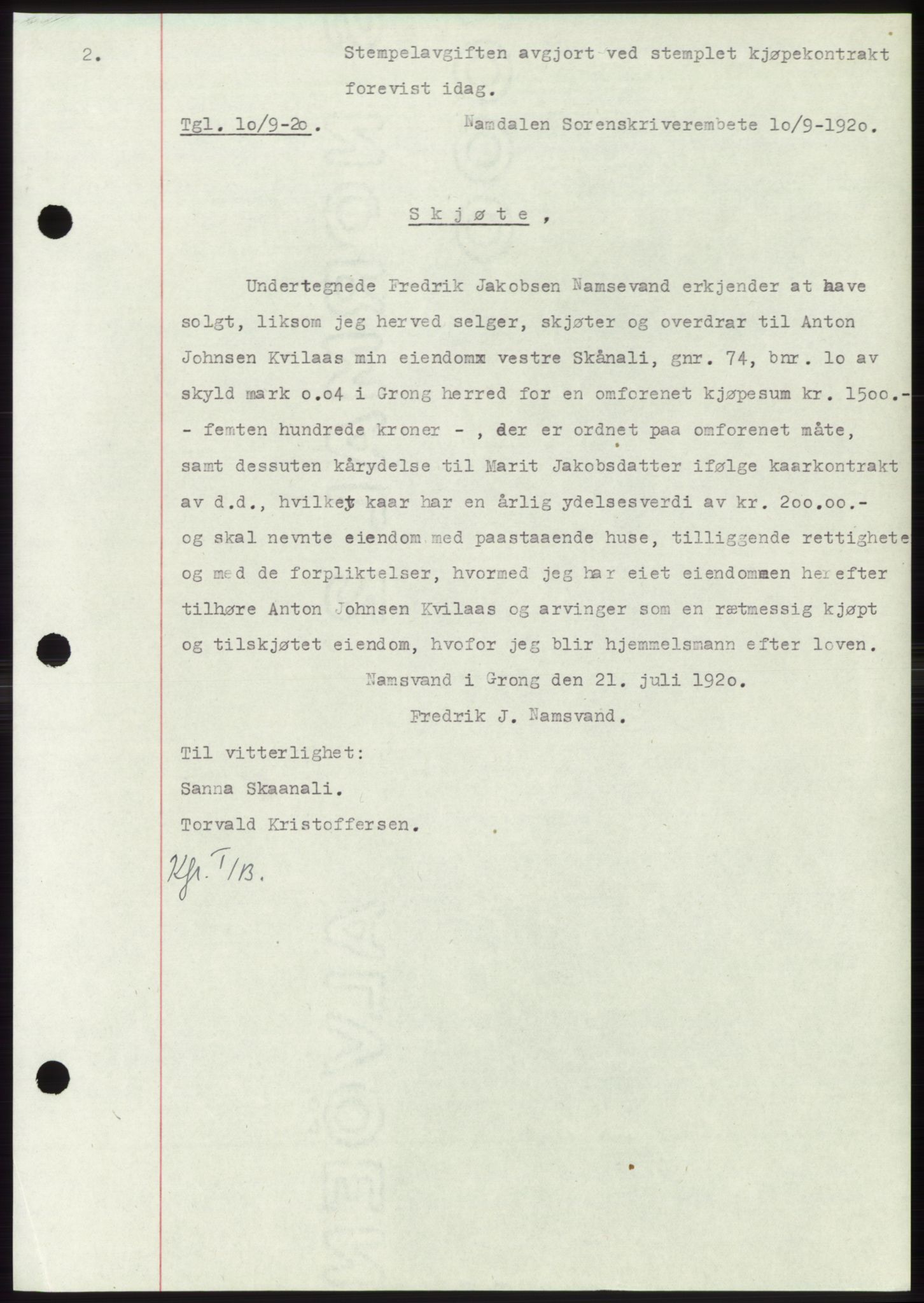 Namdal sorenskriveri, SAT/A-4133/1/2/2C: Mortgage book no. -, 1916-1921, Deed date: 10.09.1920