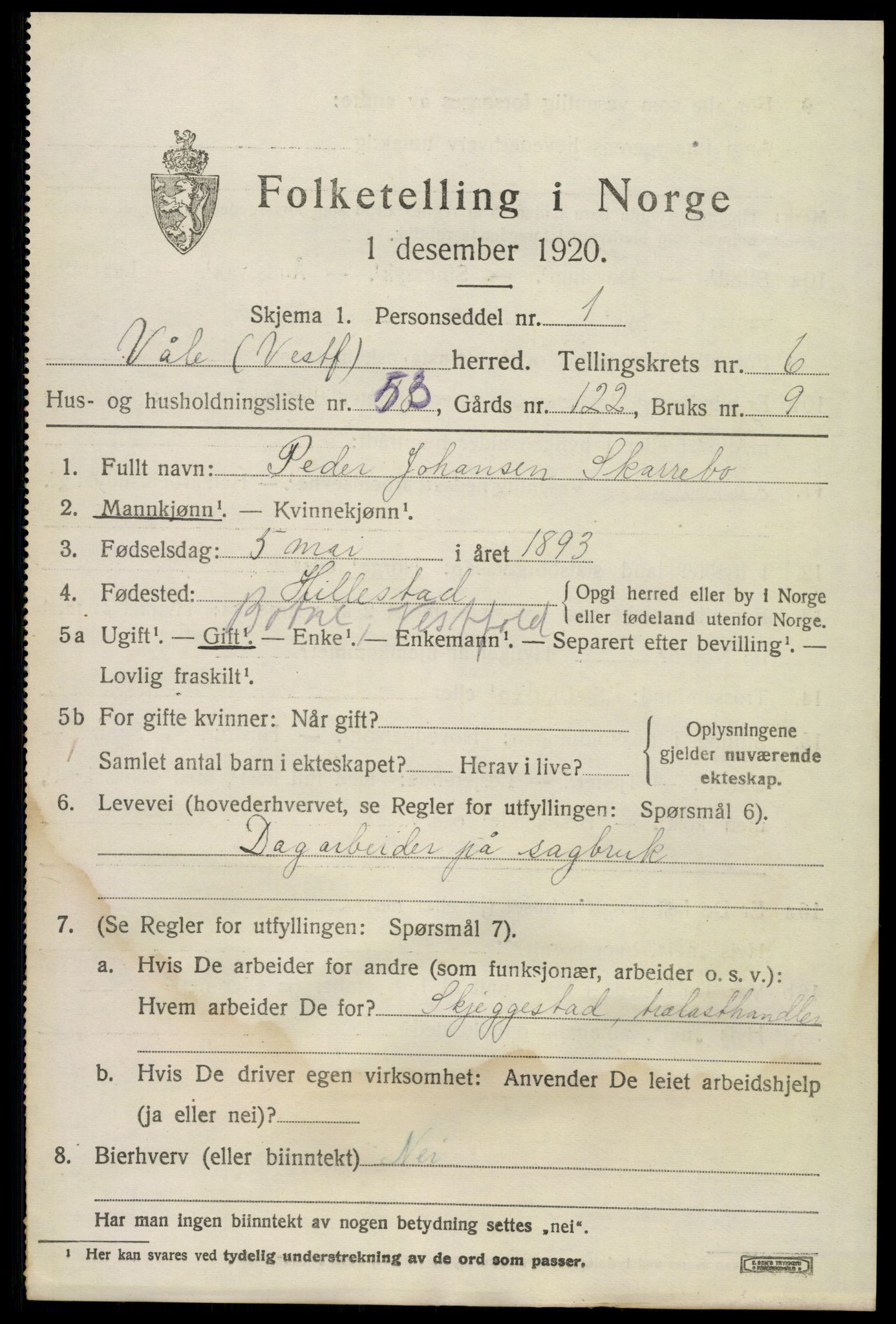 SAKO, 1920 census for Våle, 1920, p. 5484