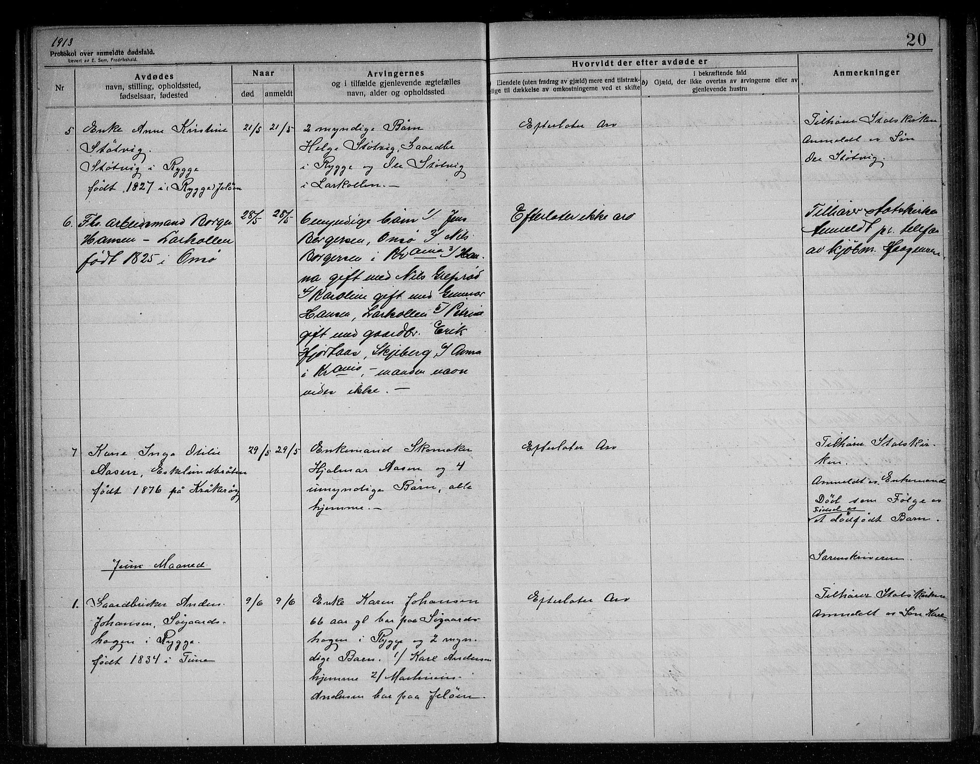 Rygge lensmannskontor, AV/SAO-A-10005/H/Ha/Haa/L0005: Dødsfallsprotokoll, 1912-1916, p. 20