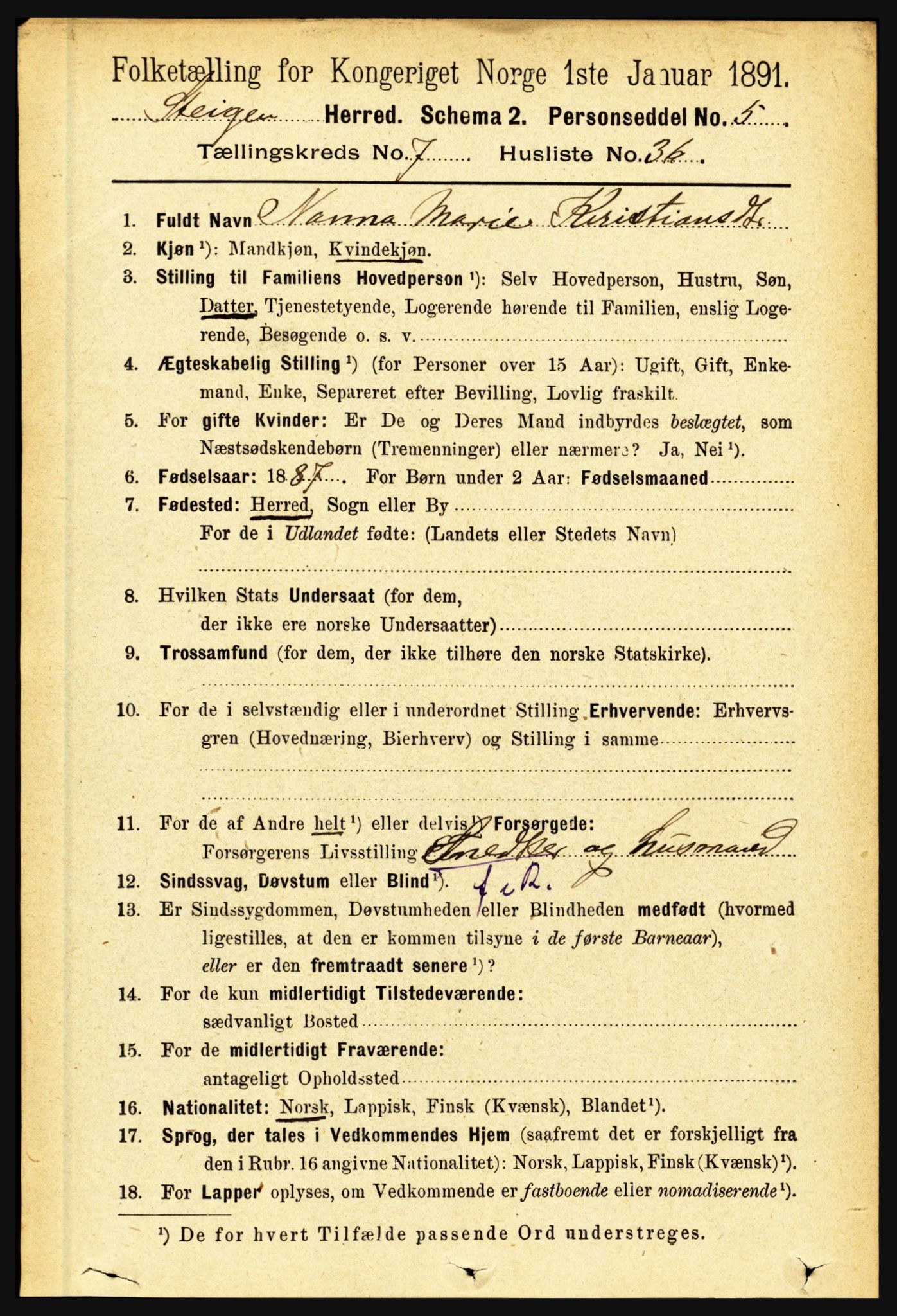 RA, 1891 census for 1848 Steigen, 1891, p. 2463