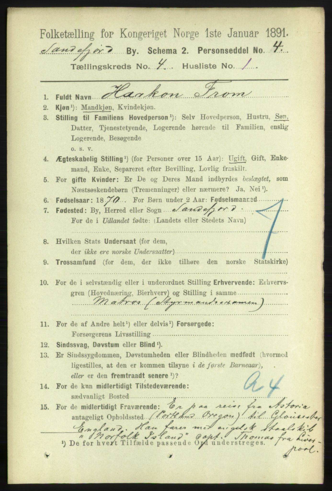 RA, 1891 census for 0706 Sandefjord, 1891, p. 1055