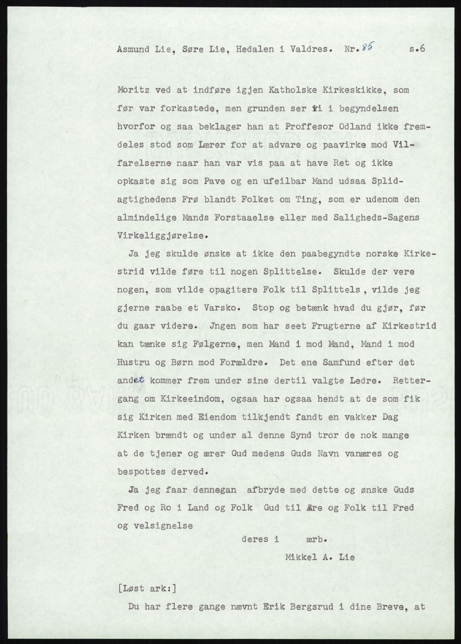 Samlinger til kildeutgivelse, Amerikabrevene, AV/RA-EA-4057/F/L0013: Innlån fra Oppland: Lie (brevnr 79-115) - Nordrum, 1838-1914, p. 95