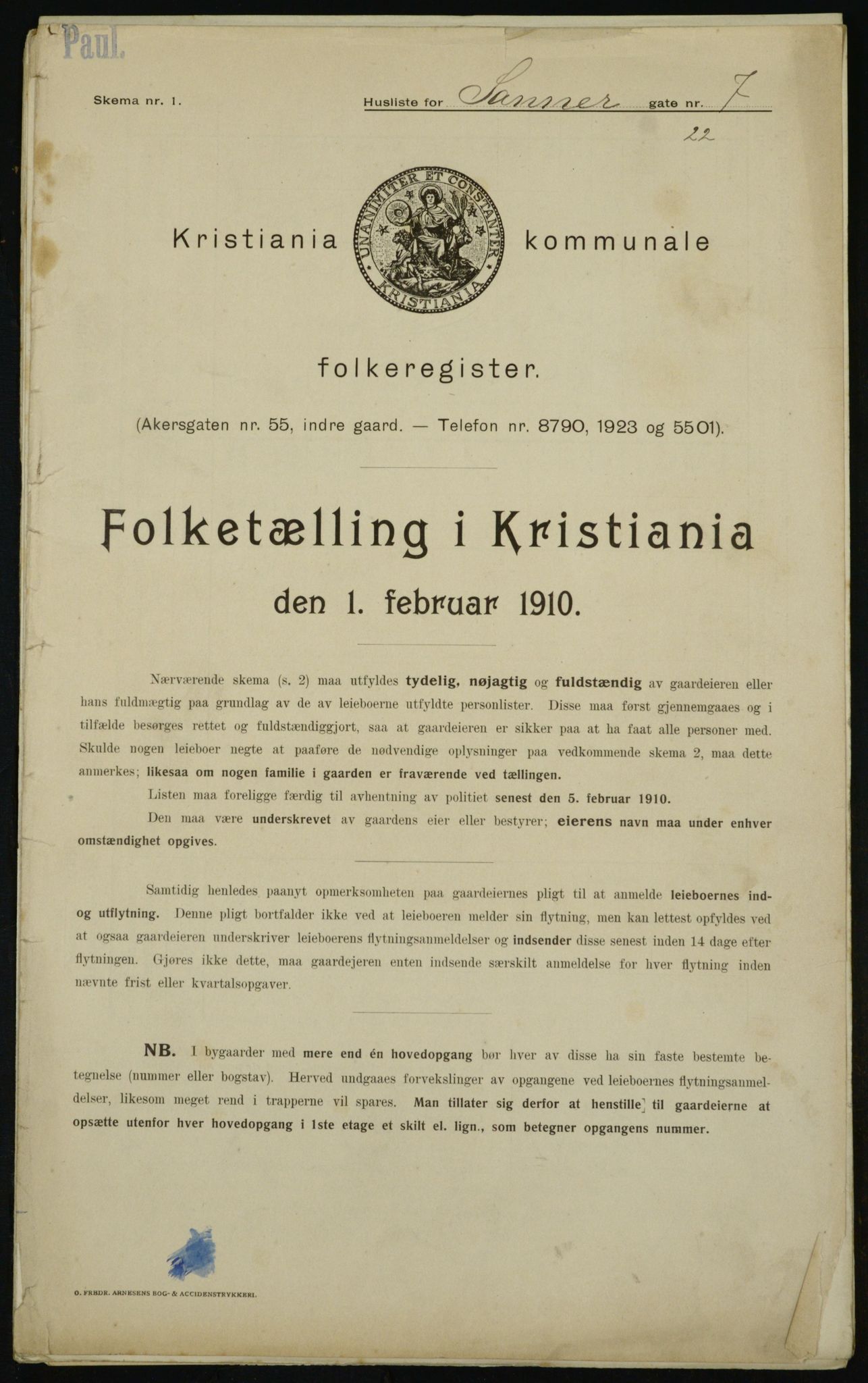 OBA, Municipal Census 1910 for Kristiania, 1910, p. 84533