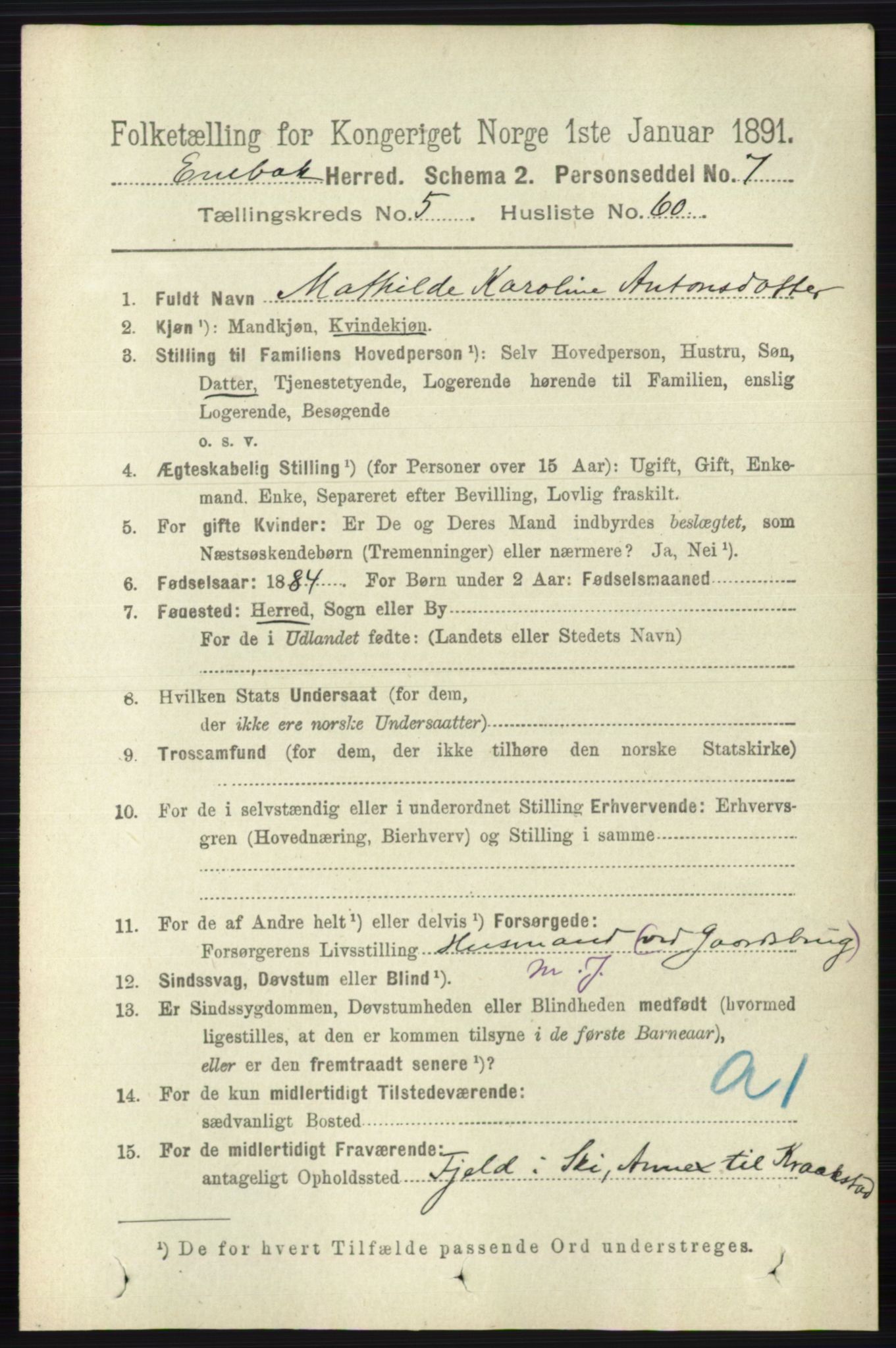 RA, 1891 census for 0229 Enebakk, 1891, p. 2357