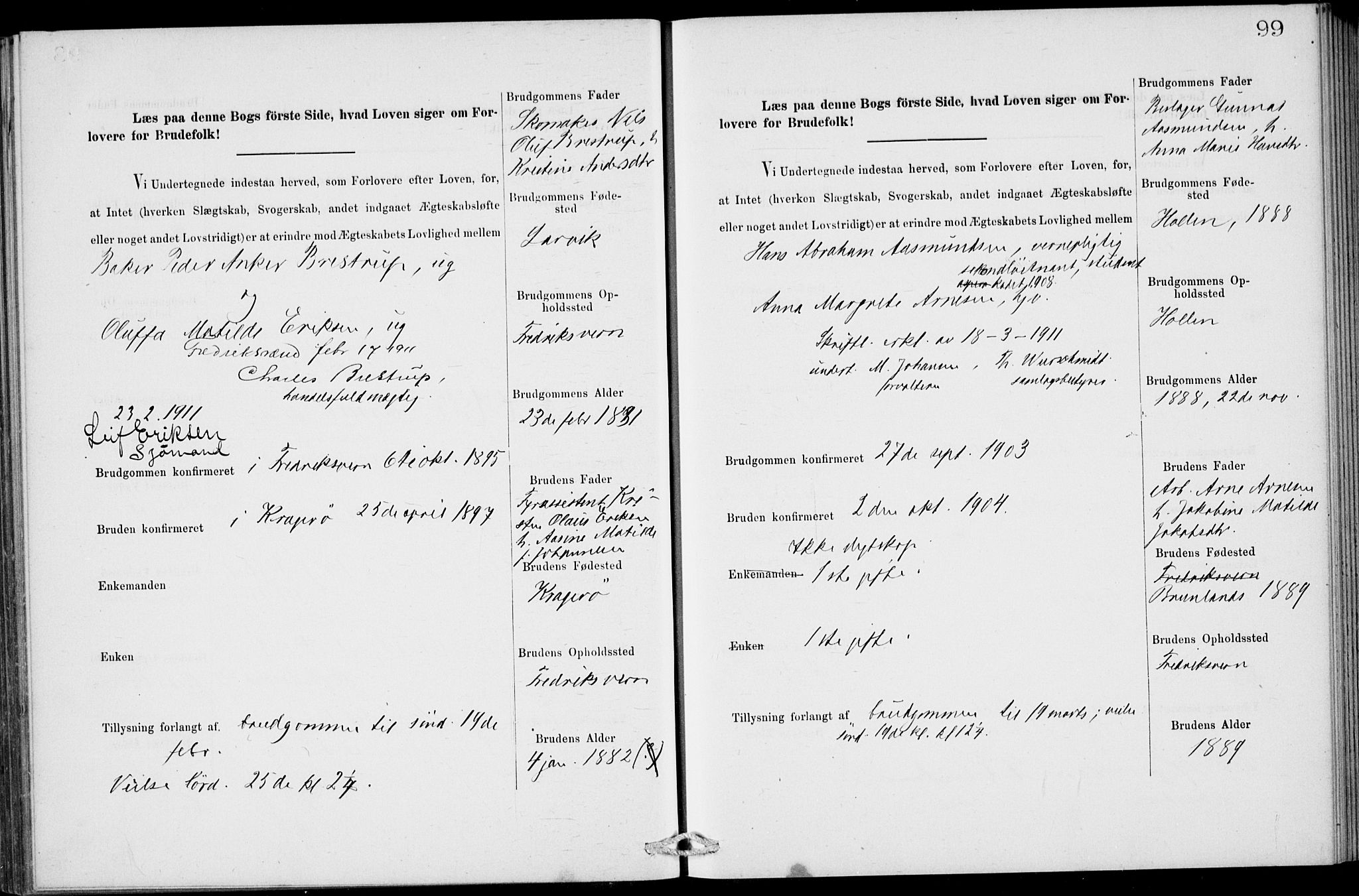 Stavern kirkebøker, SAKO/A-318/H/Ha/L0001: Banns register no. 1, 1875-1918, p. 99