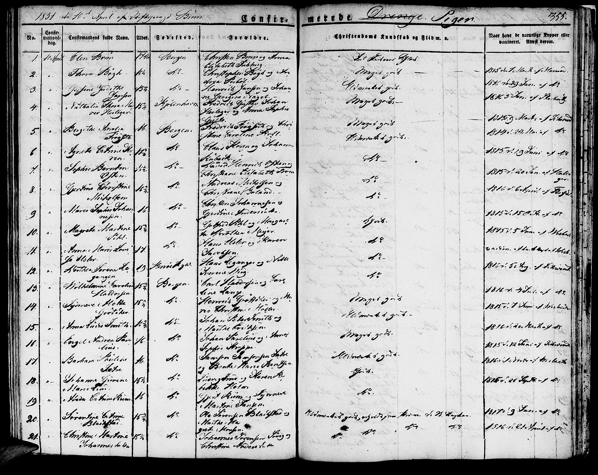 Domkirken sokneprestembete, SAB/A-74801/H/Haa/L0012: Parish register (official) no. A 12, 1821-1840, p. 355