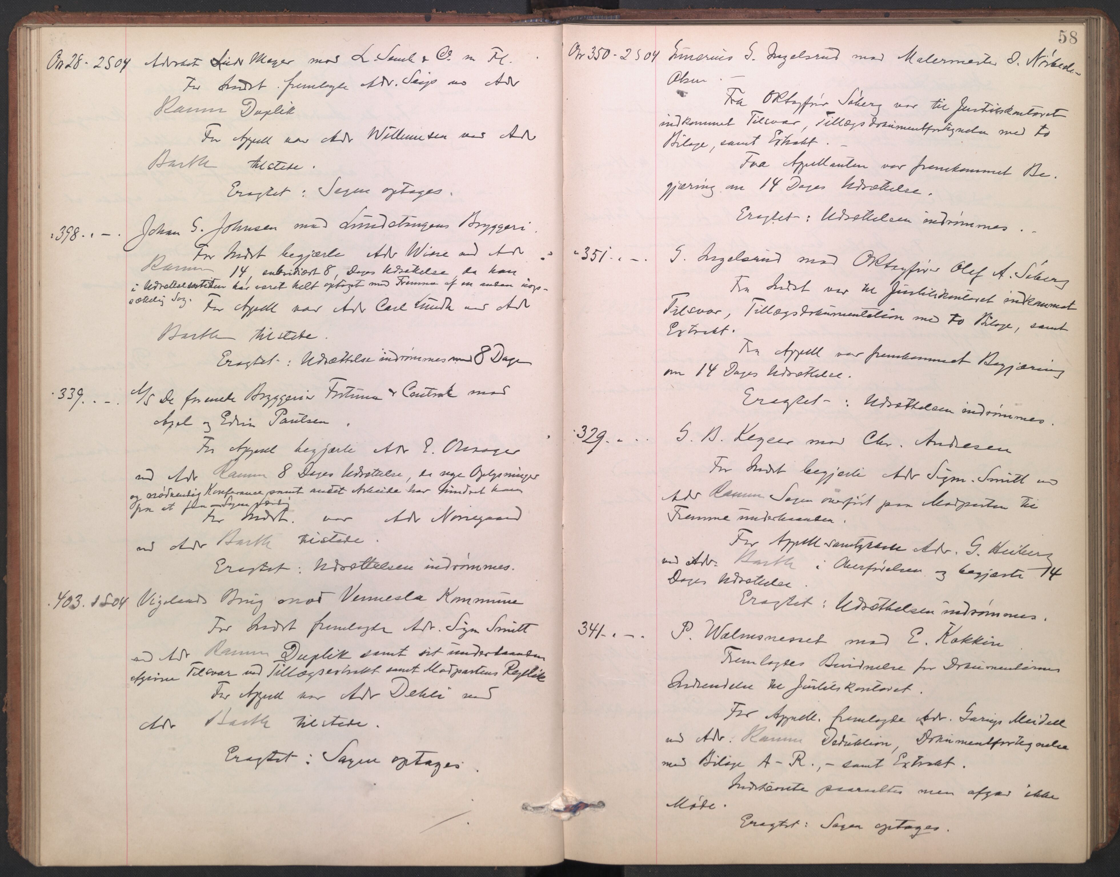 Høyesterett, AV/RA-S-1002/E/Ef/L0021: Protokoll over saker som gikk til skriftlig behandling, 1904-1907, p. 57b-58a