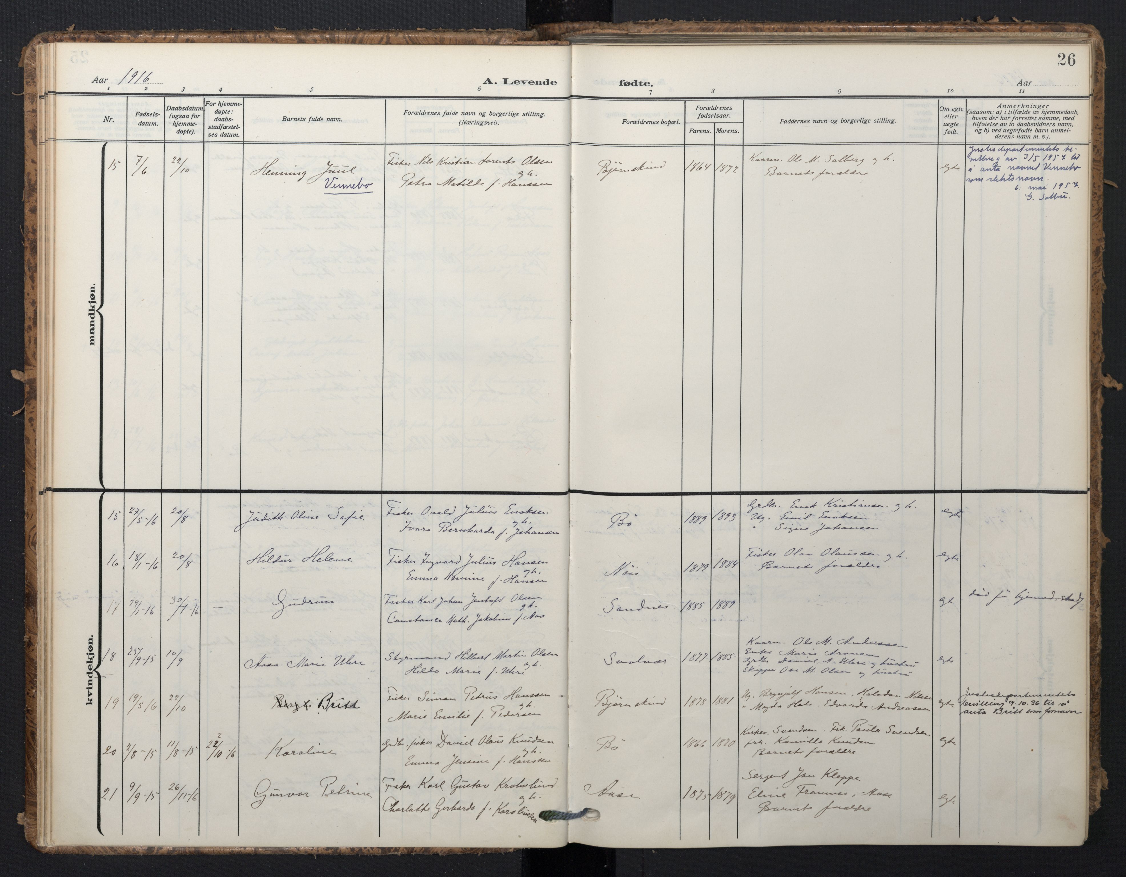 Ministerialprotokoller, klokkerbøker og fødselsregistre - Nordland, AV/SAT-A-1459/898/L1423: Parish register (official) no. 898A03, 1909-1928, p. 26