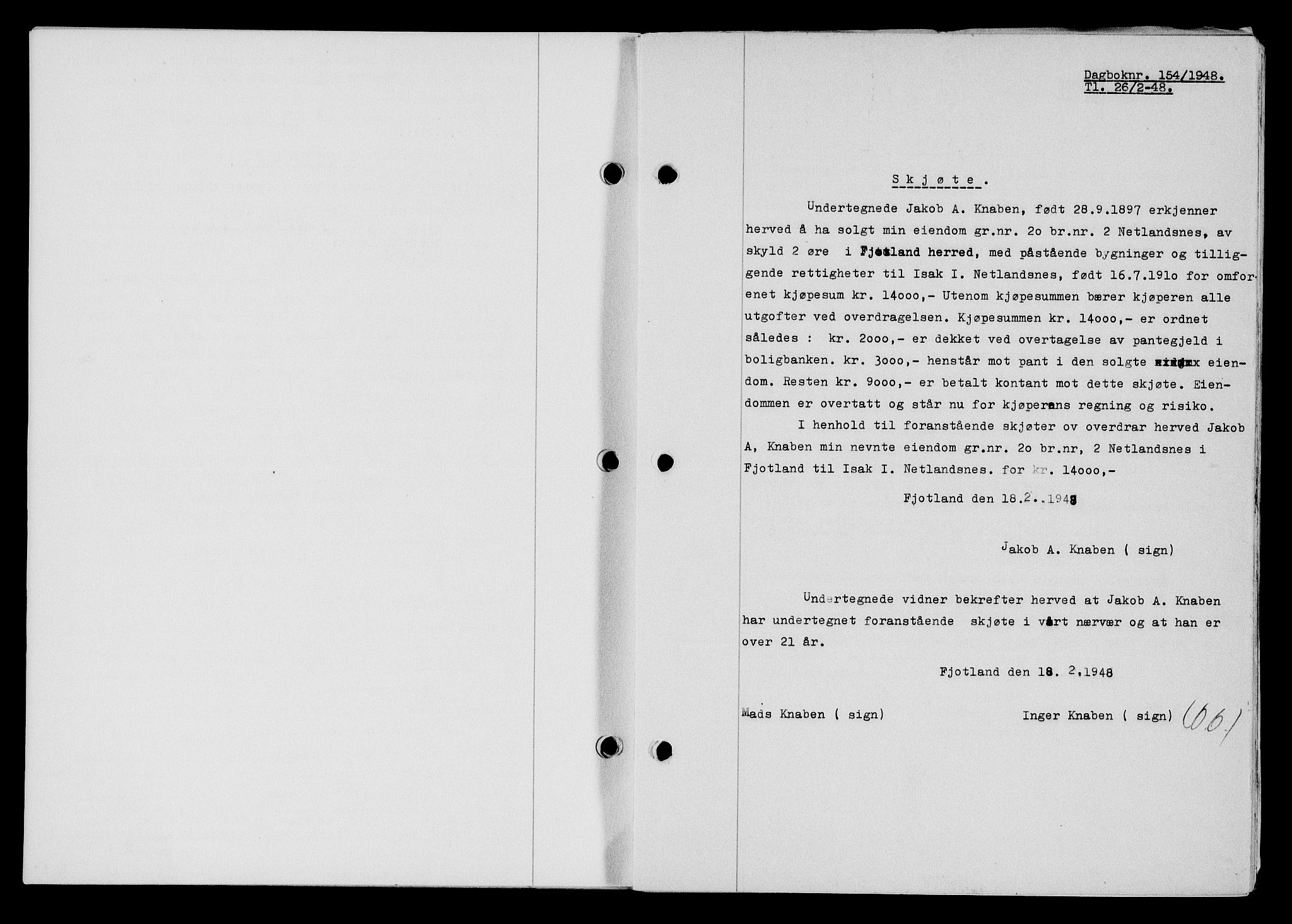 Flekkefjord sorenskriveri, AV/SAK-1221-0001/G/Gb/Gba/L0063: Mortgage book no. A-11, 1947-1948, Diary no: : 154/1948