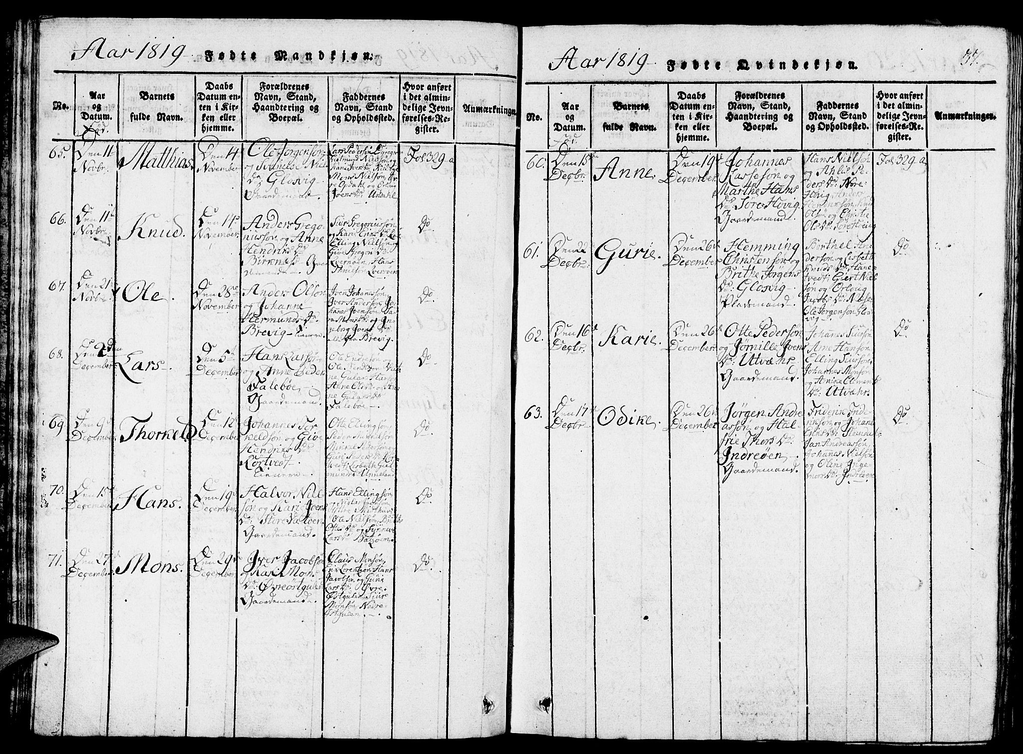 Gulen sokneprestembete, AV/SAB-A-80201/H/Haa/Haaa/L0018: Parish register (official) no. A 18, 1816-1825, p. 37