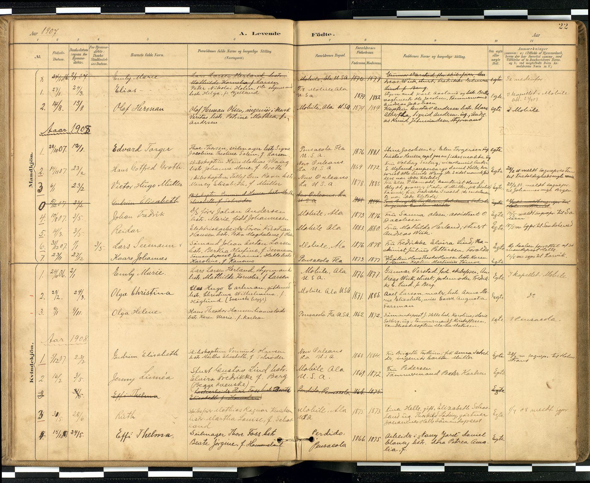 Den norske sjømannsmisjon i utlandet / Quebec (Canada) samt Pensacola--Savannah-Mobile-New Orleans-Gulfport (Gulfhamnene i USA), AV/SAB-SAB/PA-0114/H/Ha/L0001: Parish register (official) no. A 1, 1887-1924, p. 21b-22a