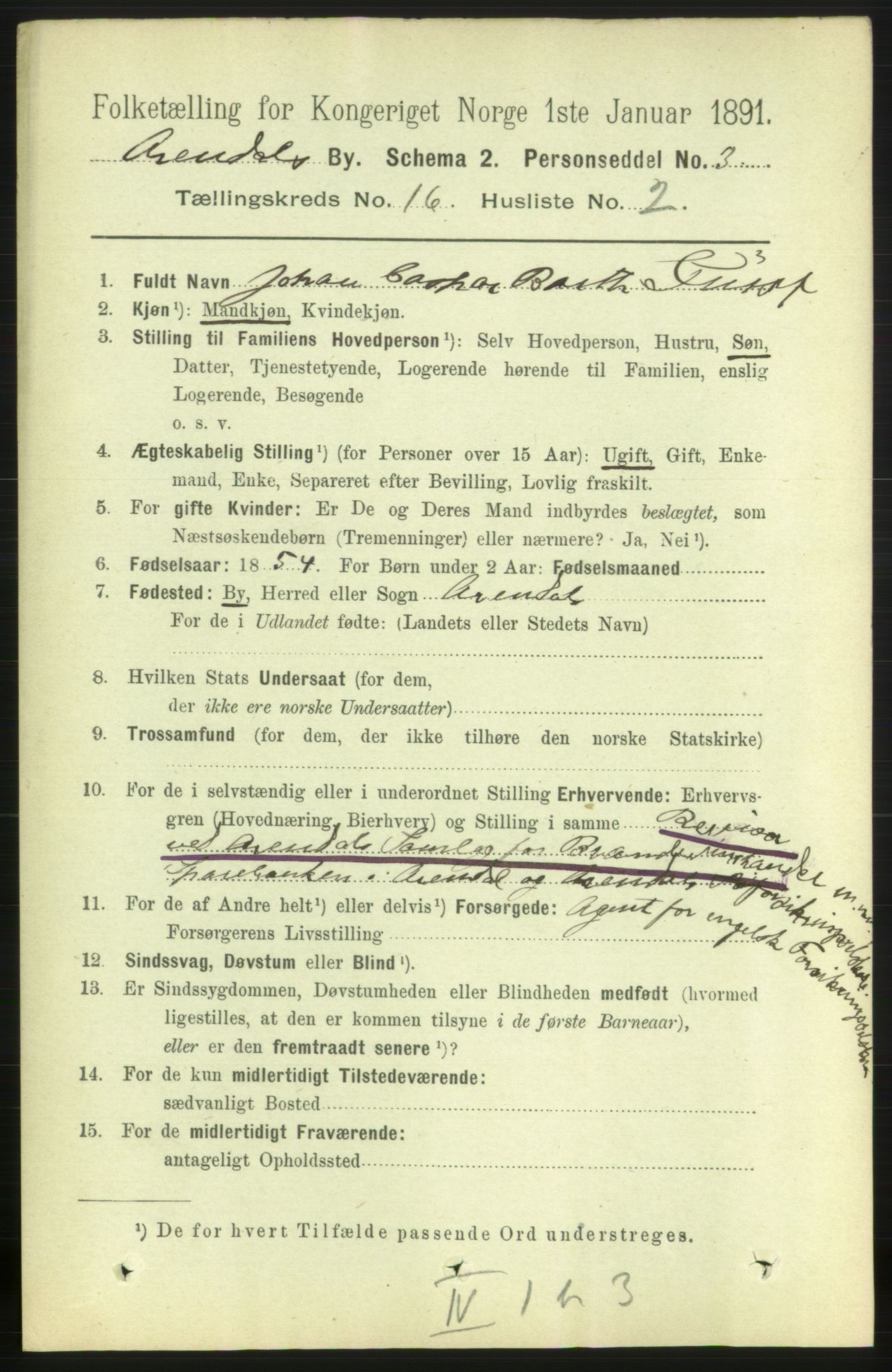 RA, 1891 census for 0903 Arendal, 1891, p. 5371